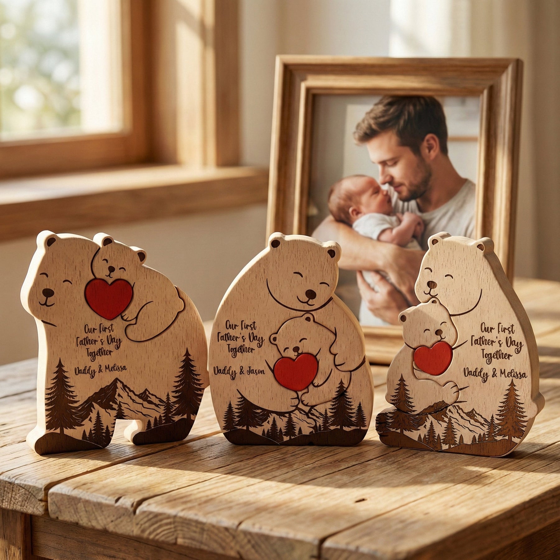 Our First Father's Day Together - Daddy Bear & Baby Bear Cub - Forest Style - Personalized Puzzle