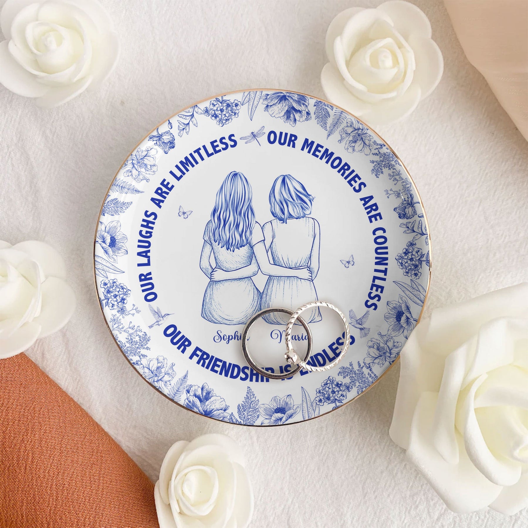 Our Laughs Are Limitless Friendship Gift Toile De Jouy - Personalized Jewelry Dish