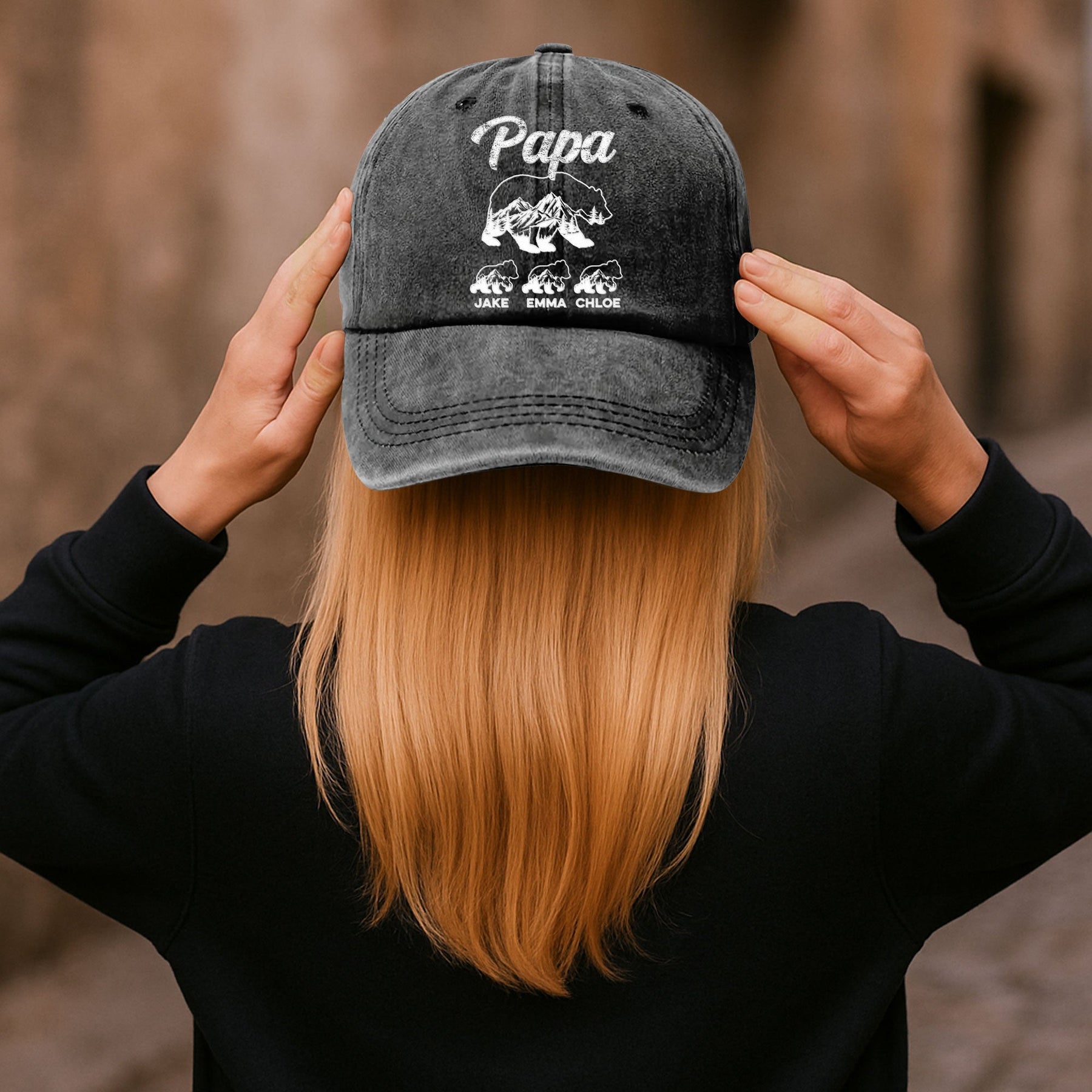 Papa Bear And His Cubs - Personalized Distressed Denim Cap