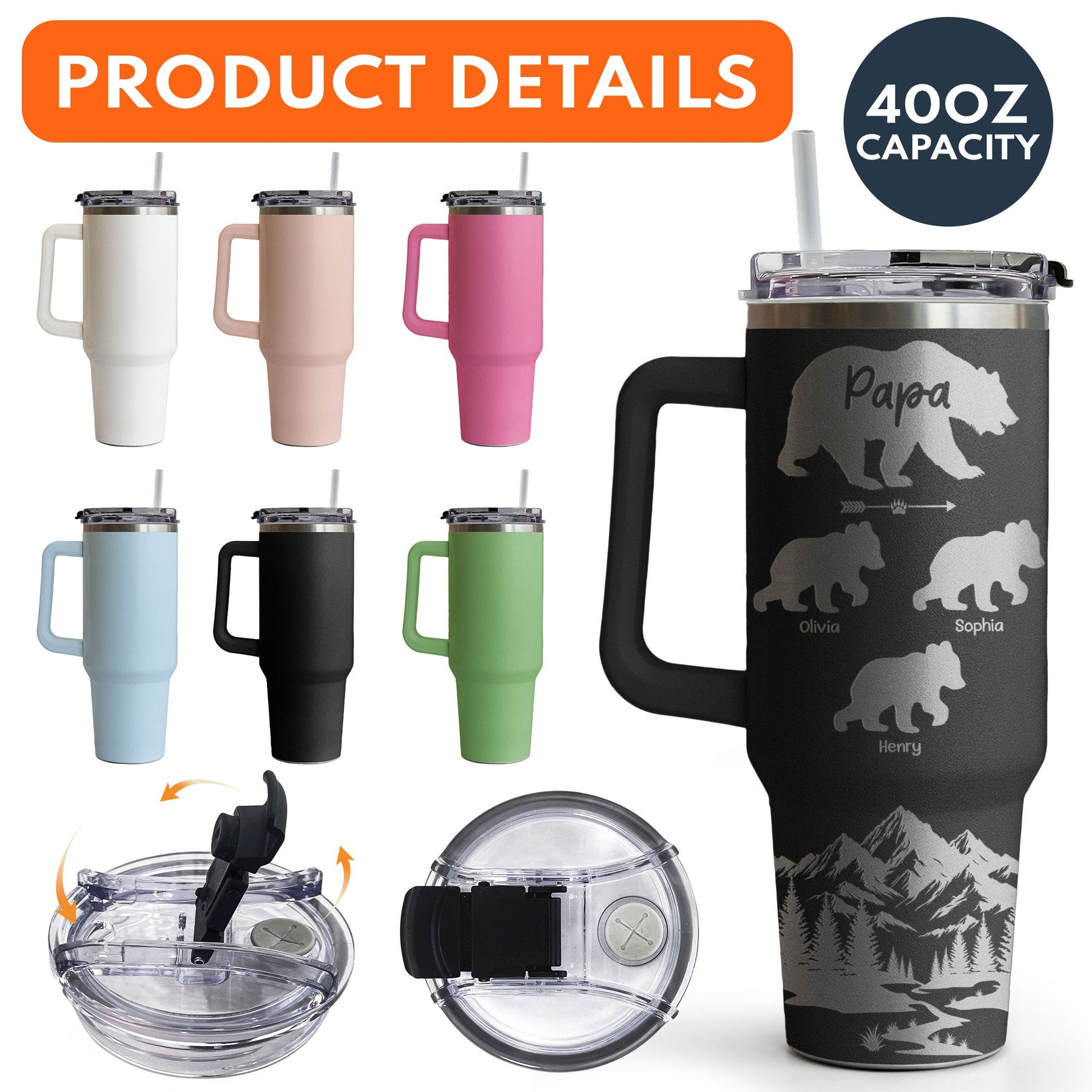 Papa Bear Gift For Grandpa, Daddy - Personalized 40oz Tumbler
