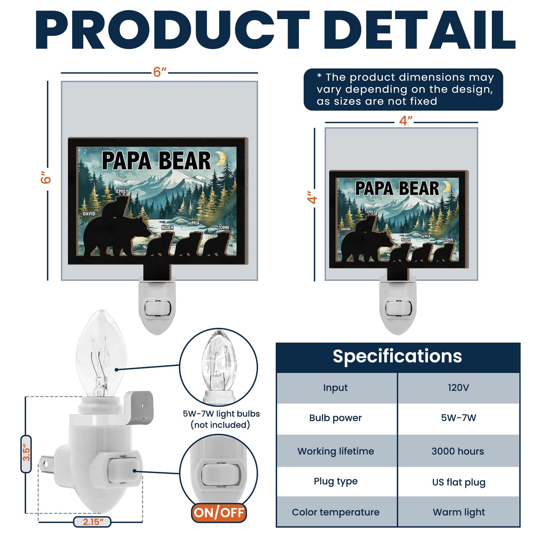 Papa Bear - Personalized Wood And Acrylic Night Light
