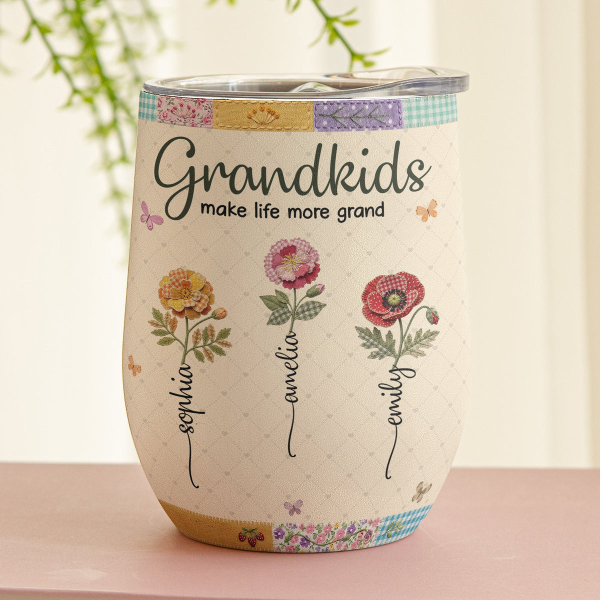 Patchwork Birth Flower Grandma - Personalized Wine Tumbler