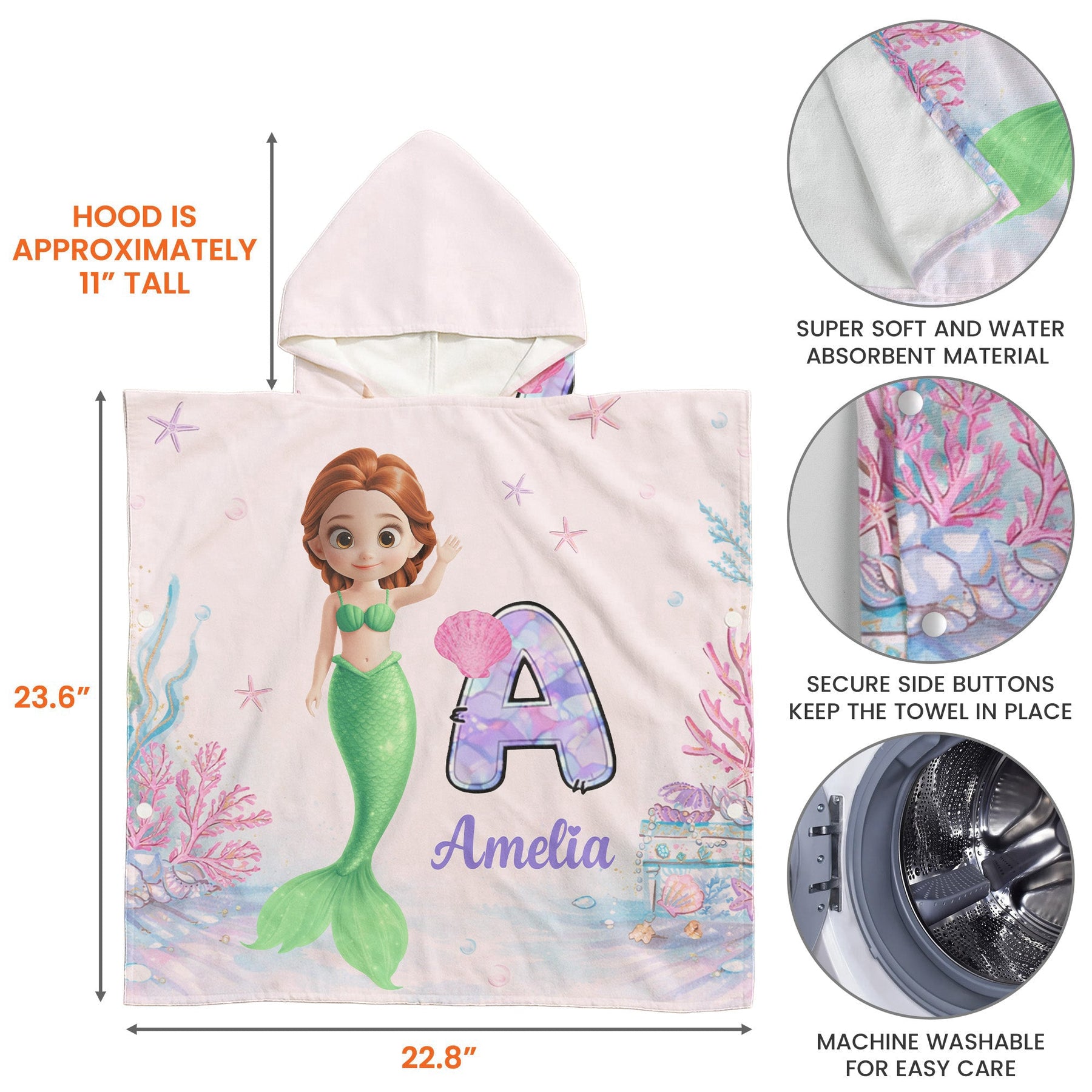 Mermaid Initial - Personalized Kids Hooded Towel