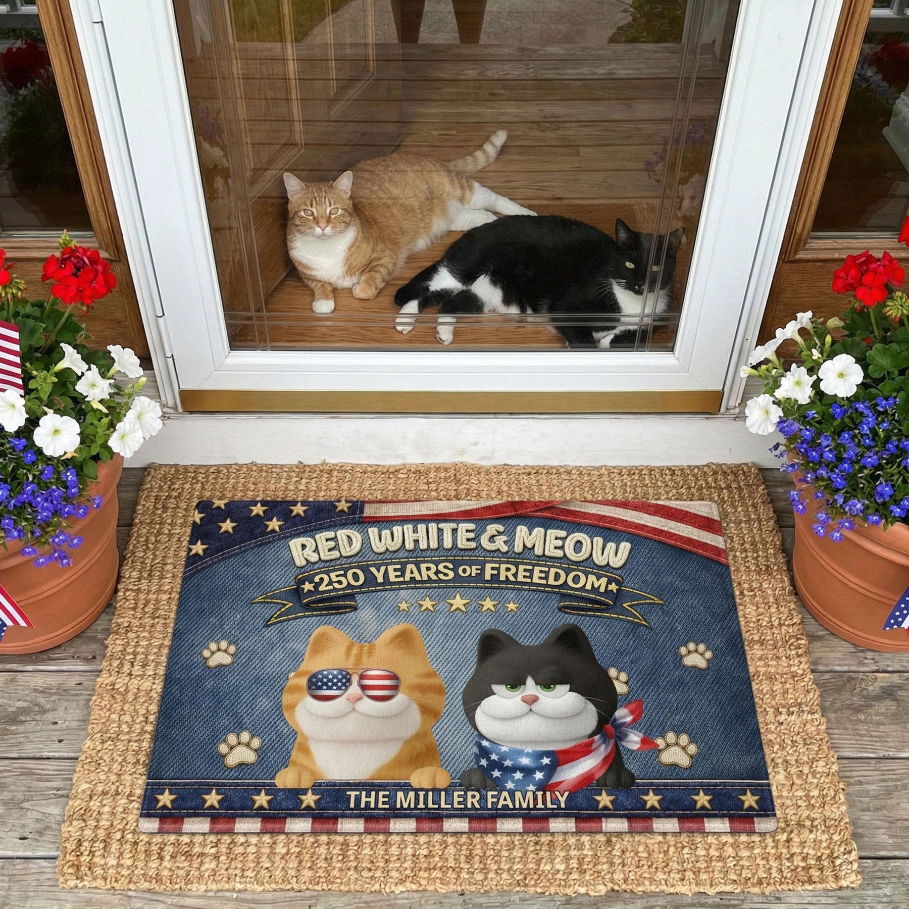 Red White & Woof 250 Years Of Freedom - Faux Pattern - Personalized Doormat