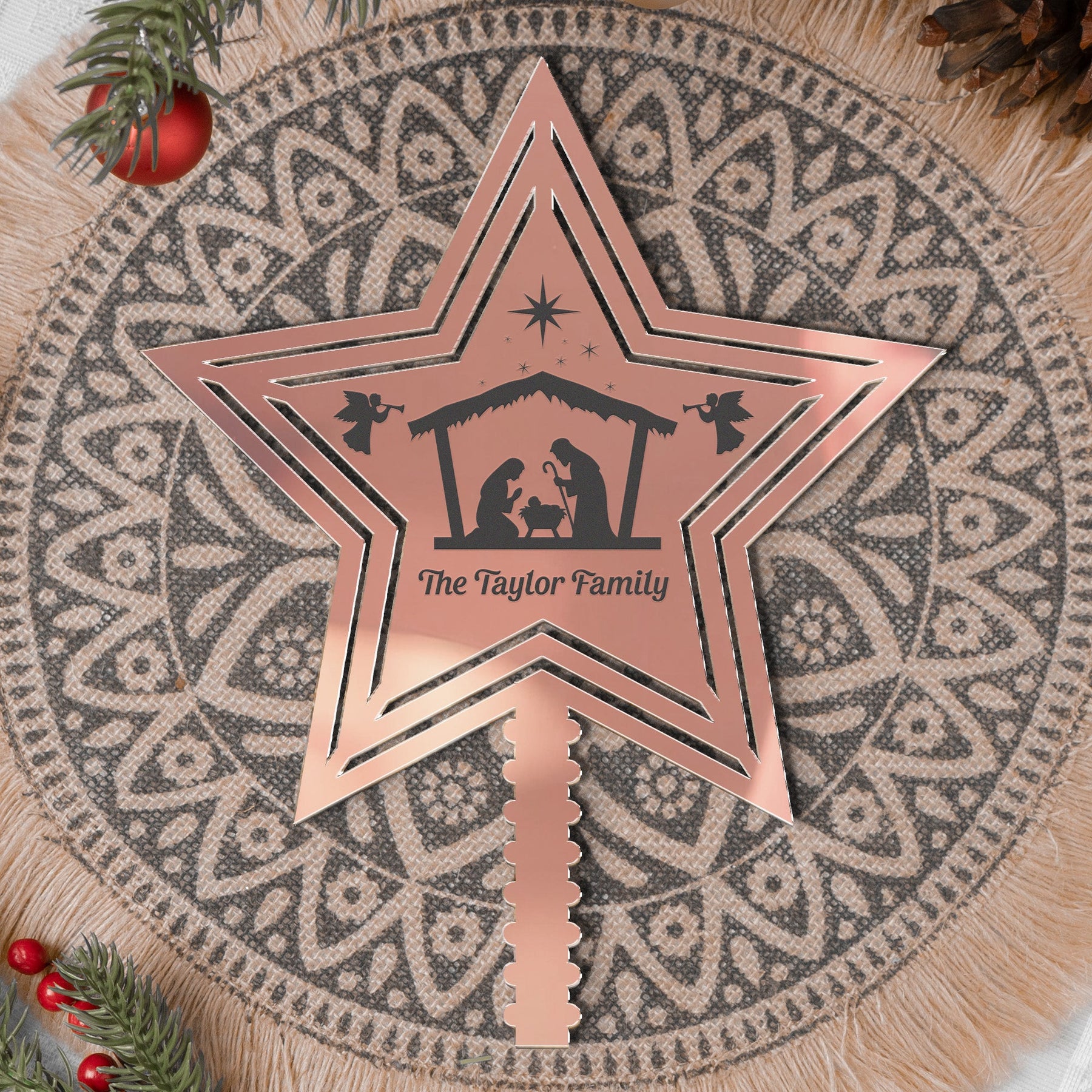 Rustic Nativity Scene With Cross-Shaped Christmas - Personalized Christmas Tree Topper