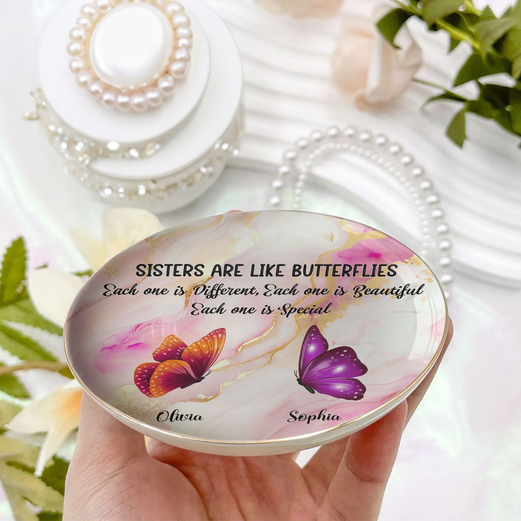 Sisters Are Like Butterflies Marble Version - Personalized Jewelry Dish