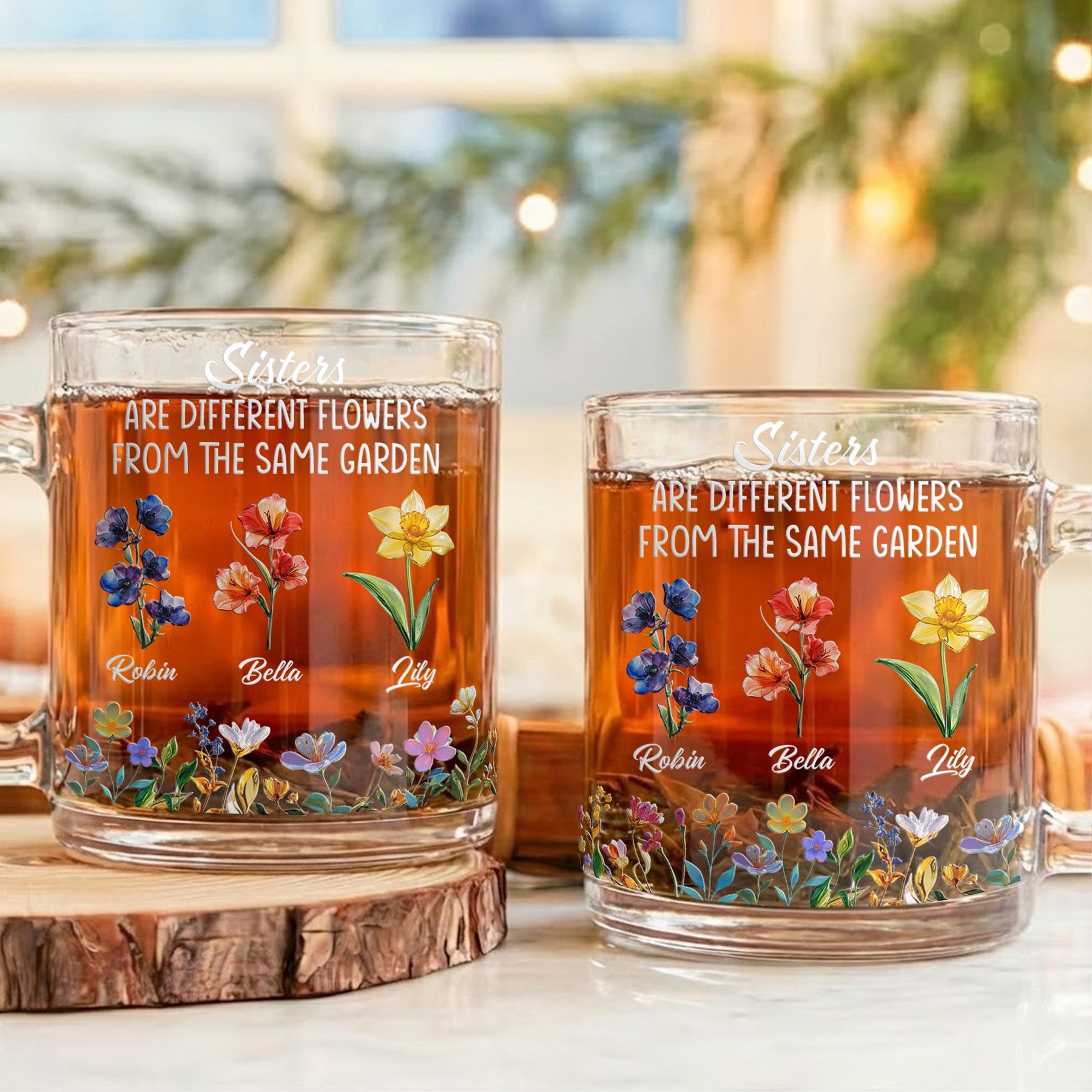 Sisters Different Flowers From The Same Garden Gift For Her - Personalized Glass Mug