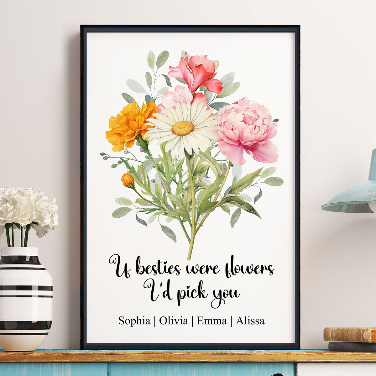 Sisters, Friends Friendship Sisterhood Birth Flower Bouquet, Gifts For Her - Personalized Poster