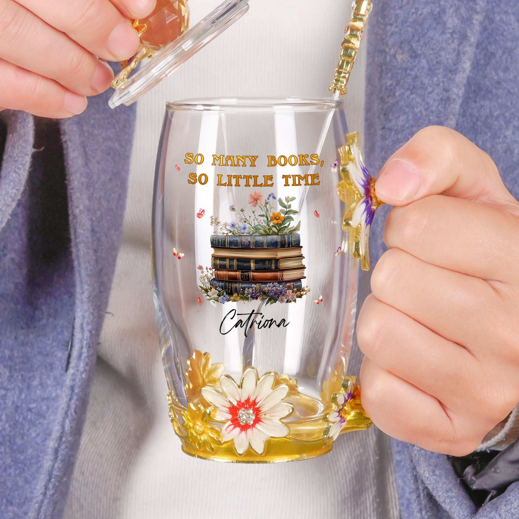 So Many Books, So Little Time - Personalized Enamel Flower Tea Cup