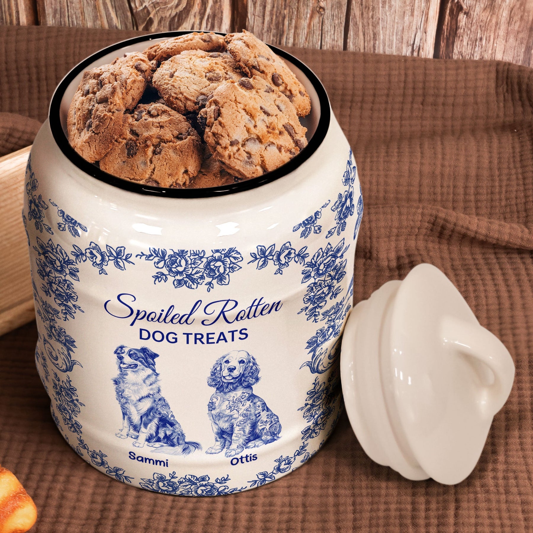 Spoiled Rotten Dog Treats Floral Toile De Jouy Chinoiserie - Personalized Cookie Jar