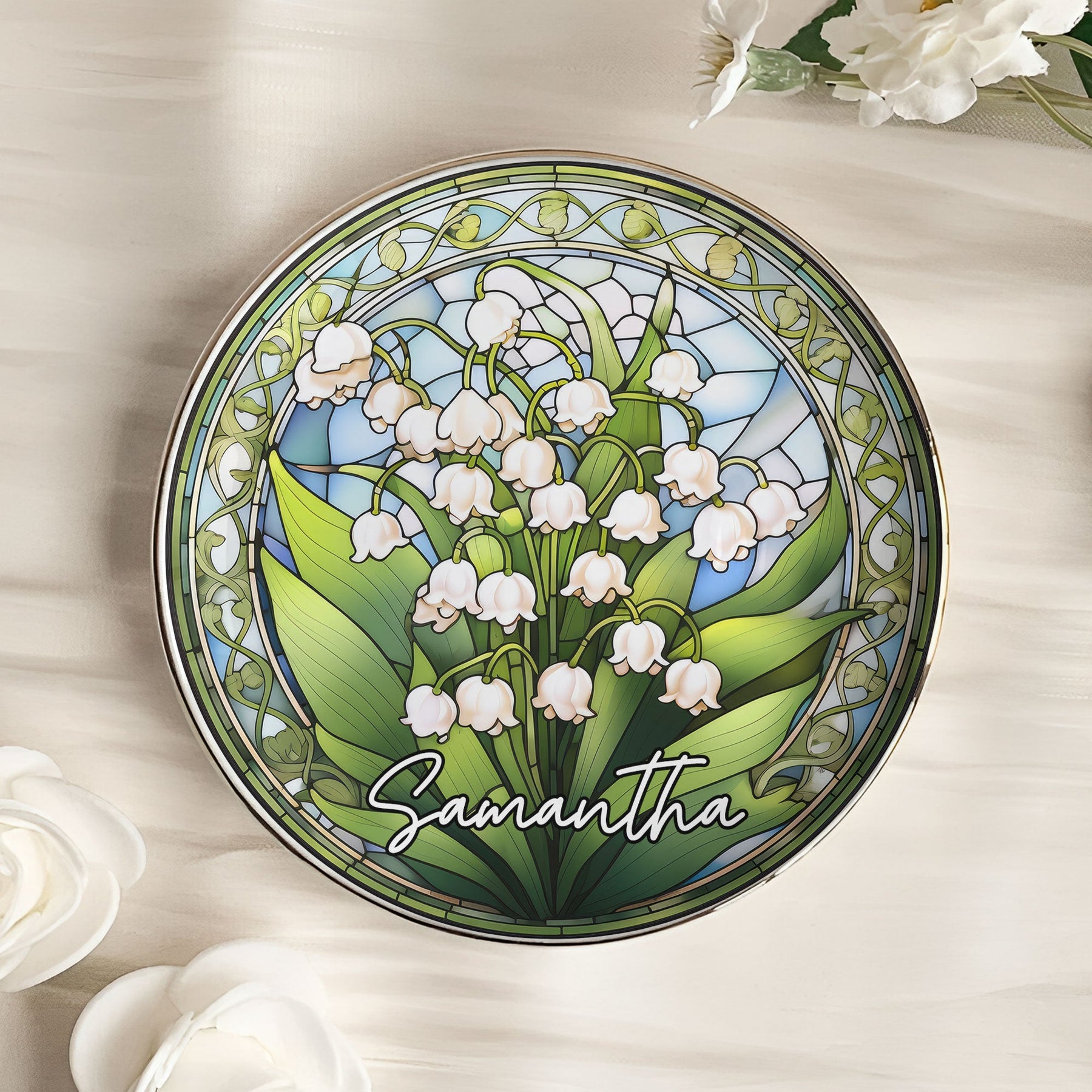 Stained Glass Style Custom Birth Month Flowers - Personalized Jewelry Dish