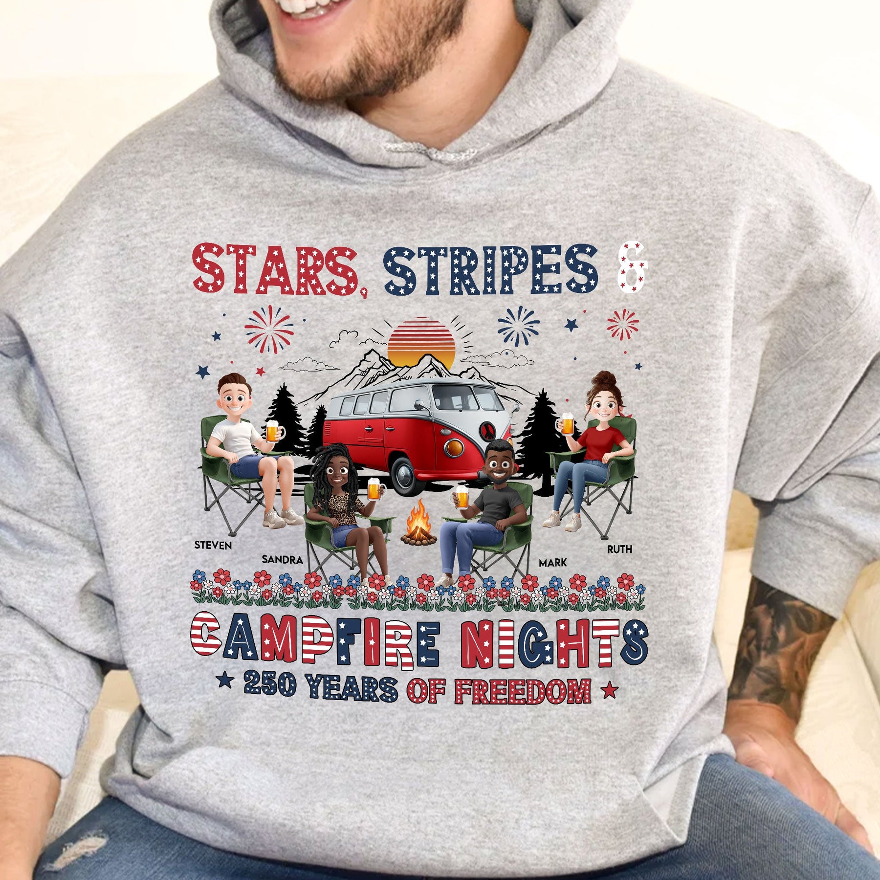 Stars Stripes & Campfire Nights 250 Years Of Freedom Camping Crew - Personalized Shirt