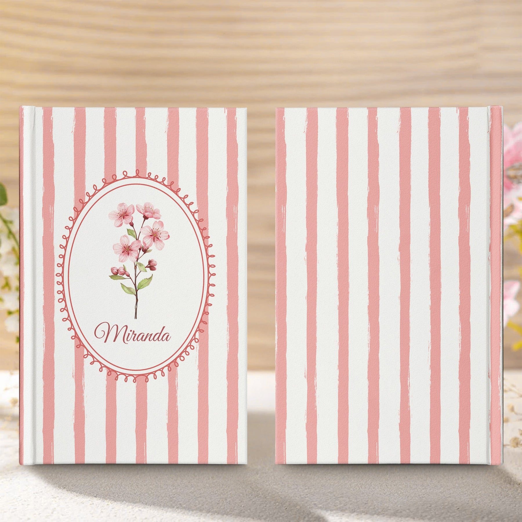 Stripes Girly Floral Journal Custom Birth Flower - Personalized Hardcover Journal