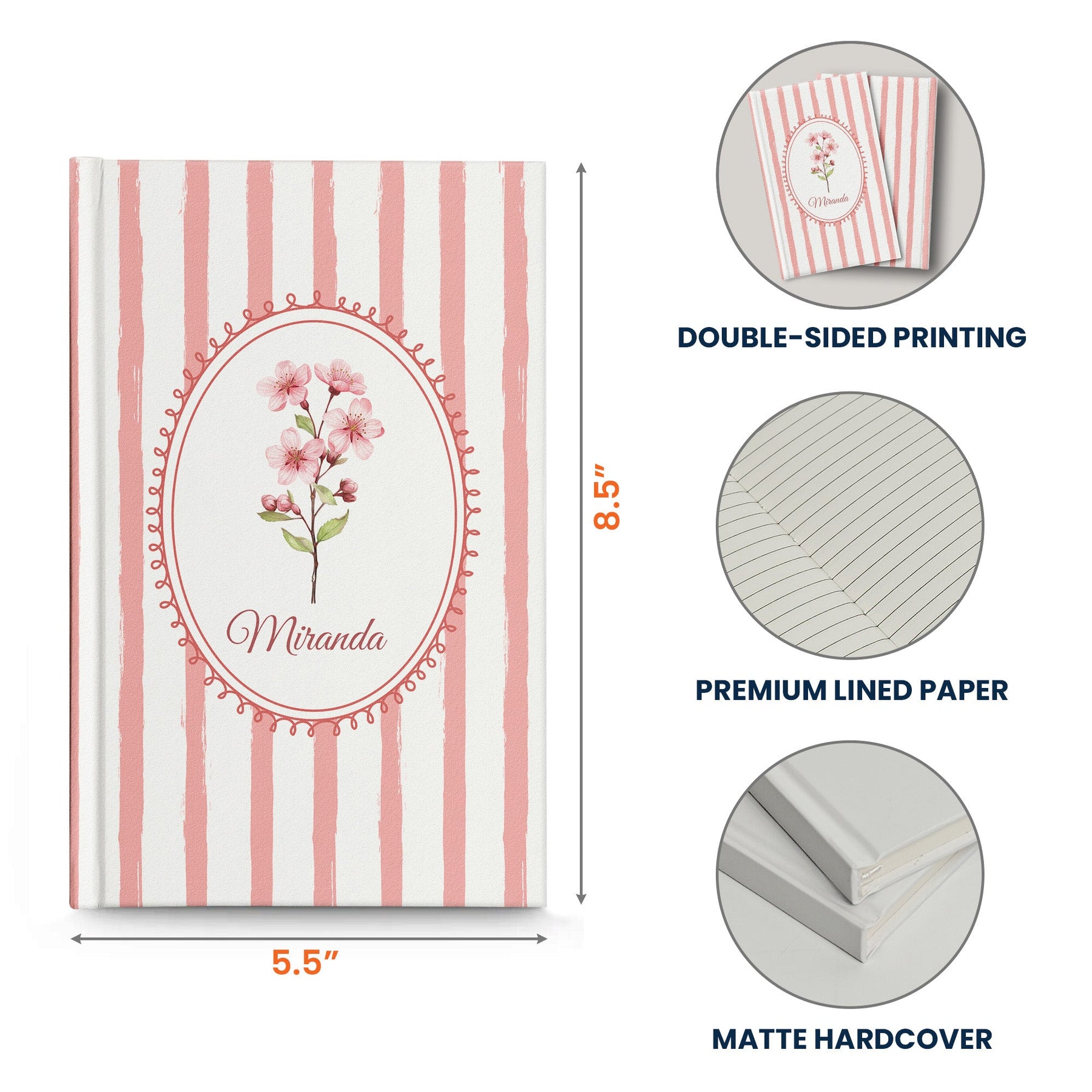 Stripes Girly Floral Journal Custom Birth Flower - Personalized Hardcover Journal