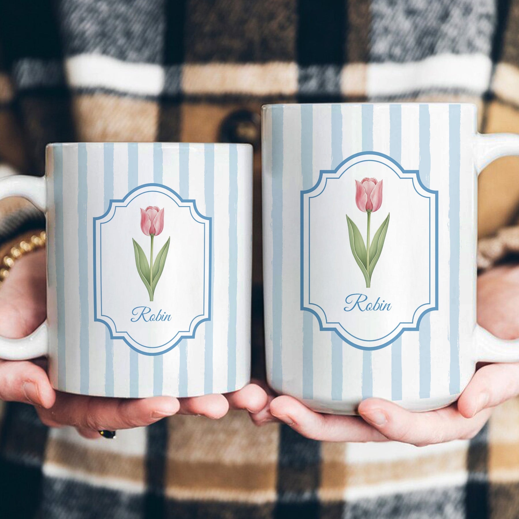 Stripes Mug Birth Month Flower Mug Gift For Her - Personalized Mug