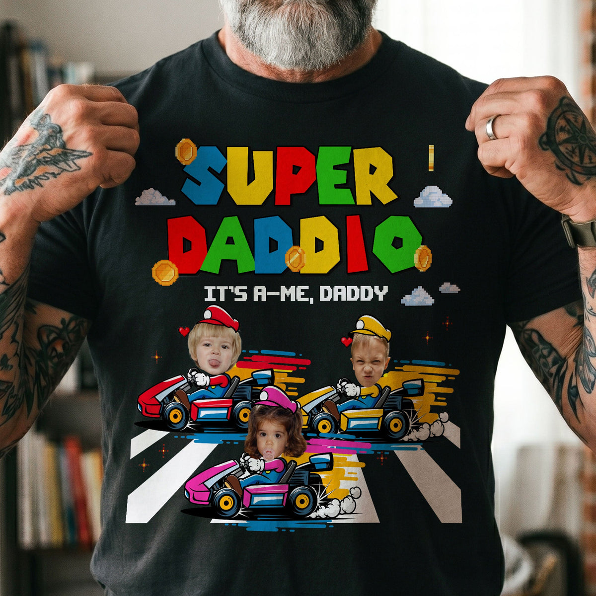 Super Daddio - Gaming Dad Gift With Kids' Faces - Personalized Shirt