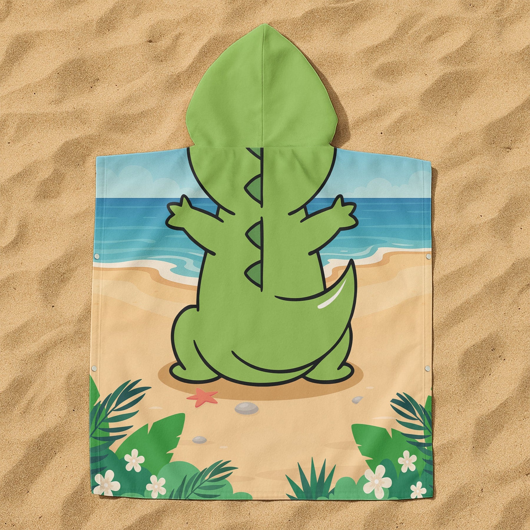 T-Rex, Dinosaur On The Beach - Personalized Kids Hooded Towel