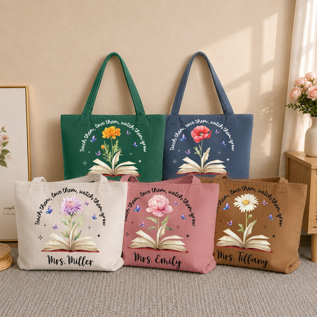 Teach Them, Love Them, Watch Them Grow Birth Month Flower - Personalized Tote Bag