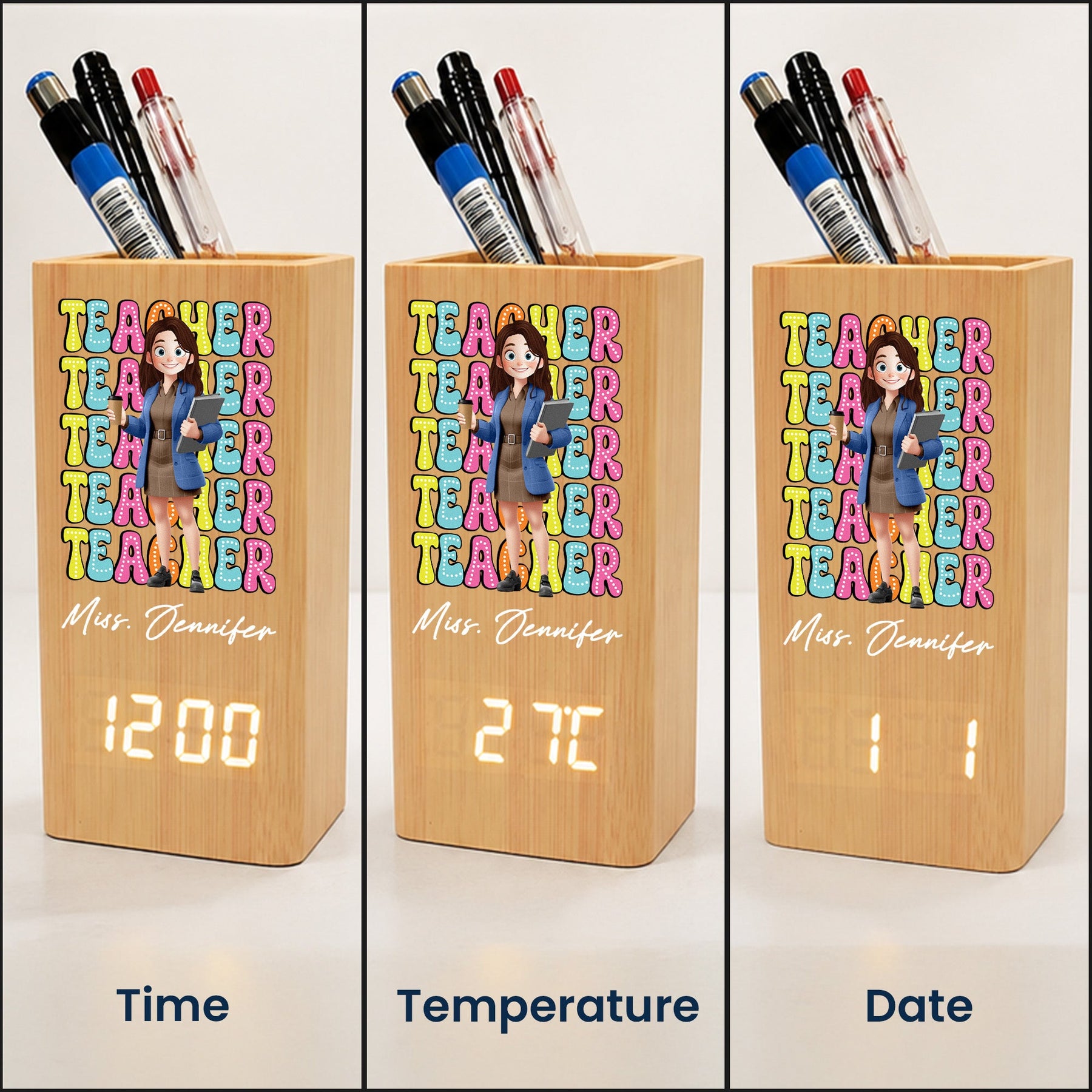 Teacher Cartoon Version - Personalized Pen Holder With Clock