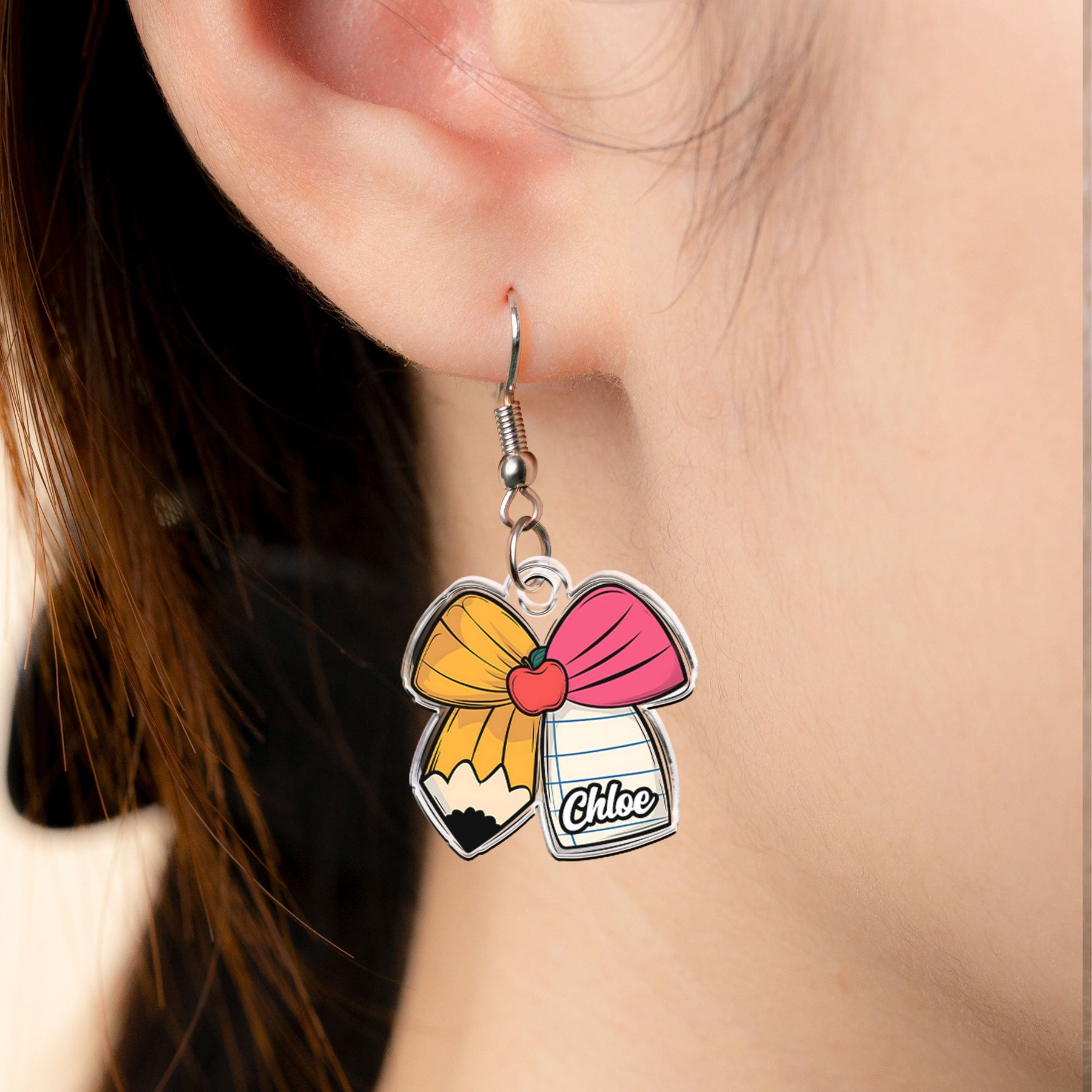 Teacher Gift Custom Name Pencil Crayon Bow - Personalized Acrylic Earrings