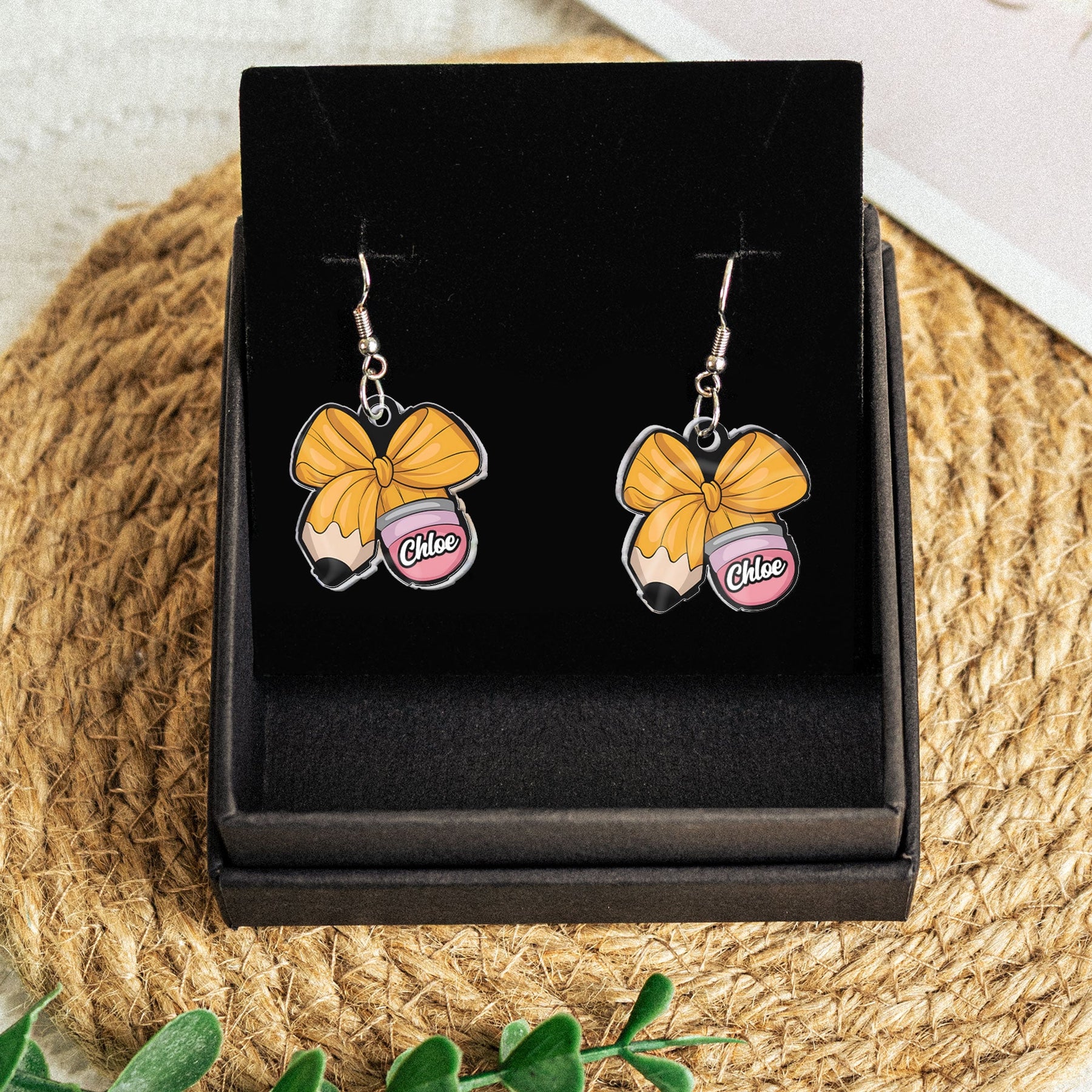 Teacher Gift Custom Name Pencil Crayon Bow - Personalized Acrylic Earrings