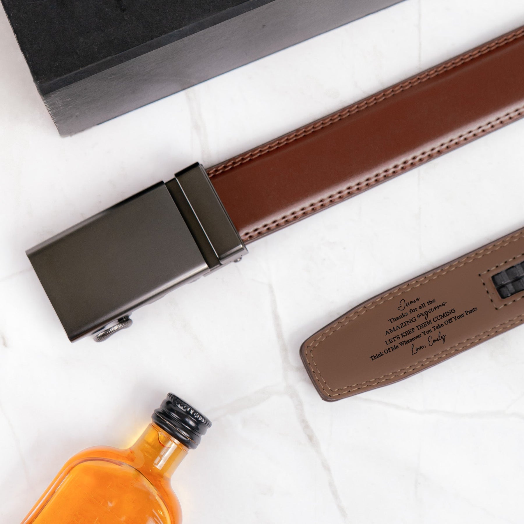 Thanks For All The Amazing Orgasms - Personalized Leather Belt With Engraved Buckle