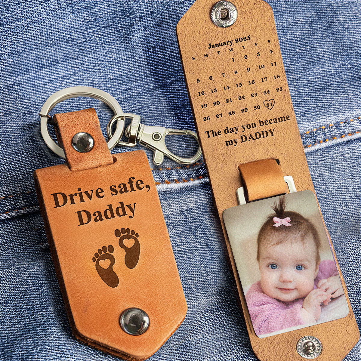 The Day You Became My Daddy Custom Calendar - Personalized Leather Photo Keychain