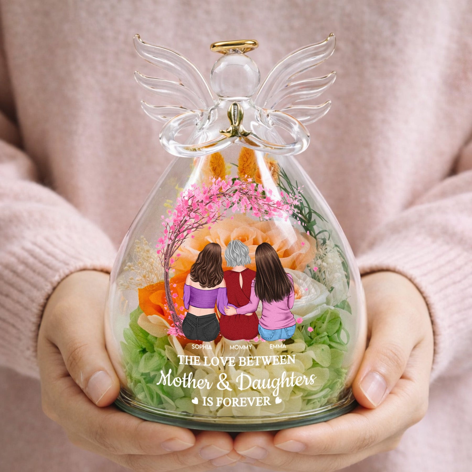 The Love Between Mother & Daughters Is Forever - Personalized Flower In Glass Angel Figurines