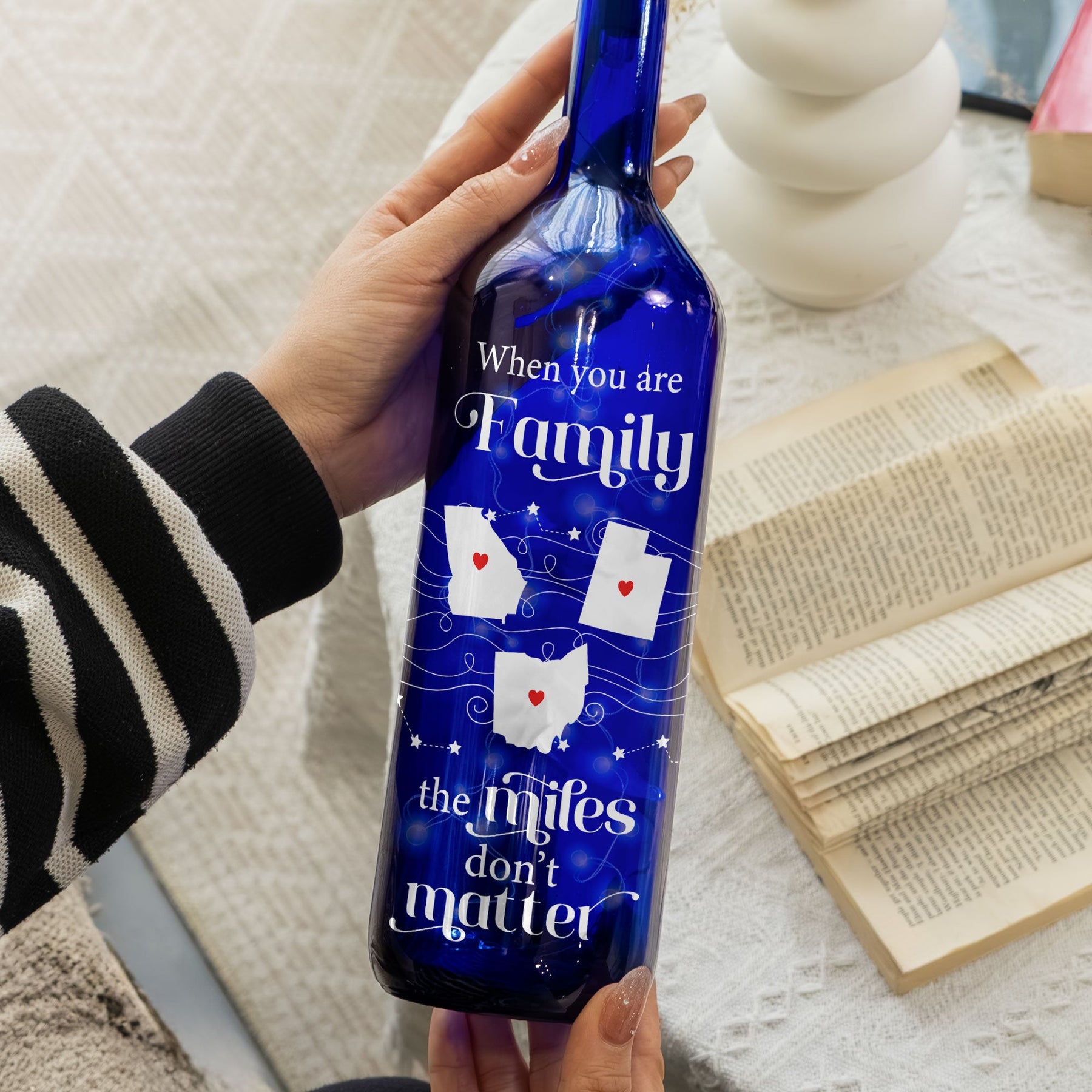 The Miles Don't Matter - Personalized Blue Bottle Lamp