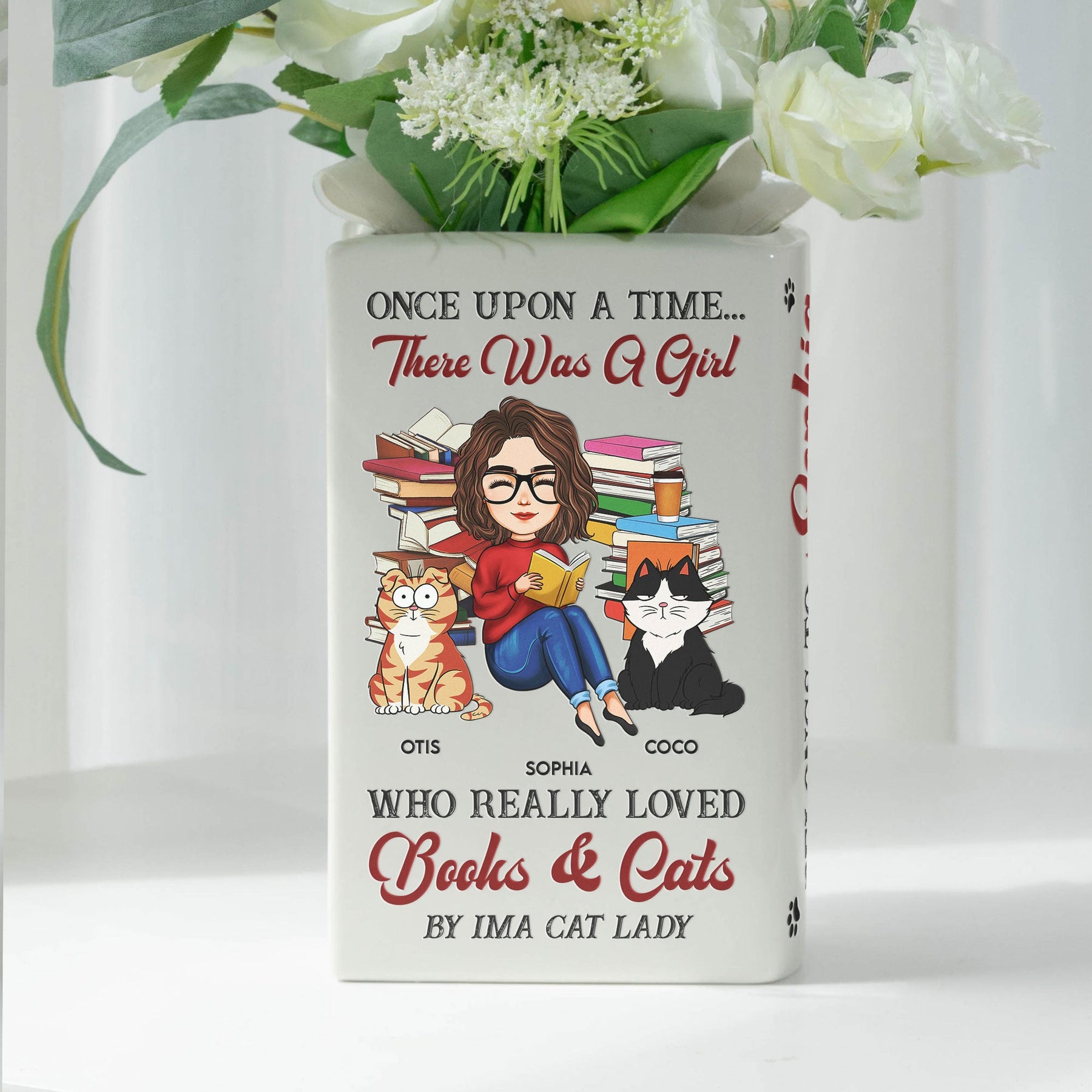 There Was A Girl Who Really Loved Books And Cats - Personalized Ceramic Book Vase