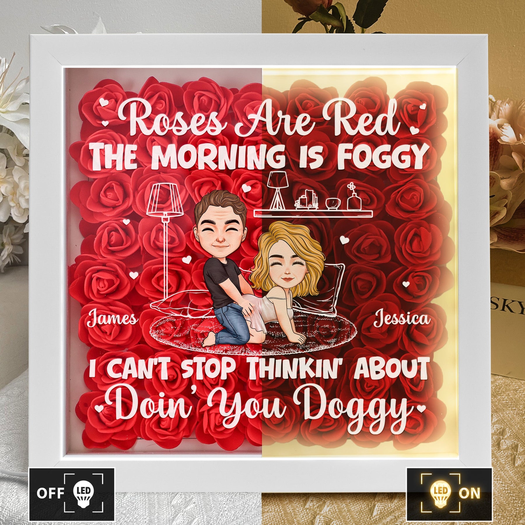 Thinkin' About Doin' You Doggy Valentine's Day Anniversary Gift - Personalized Flower Shadow Box With LED Light
