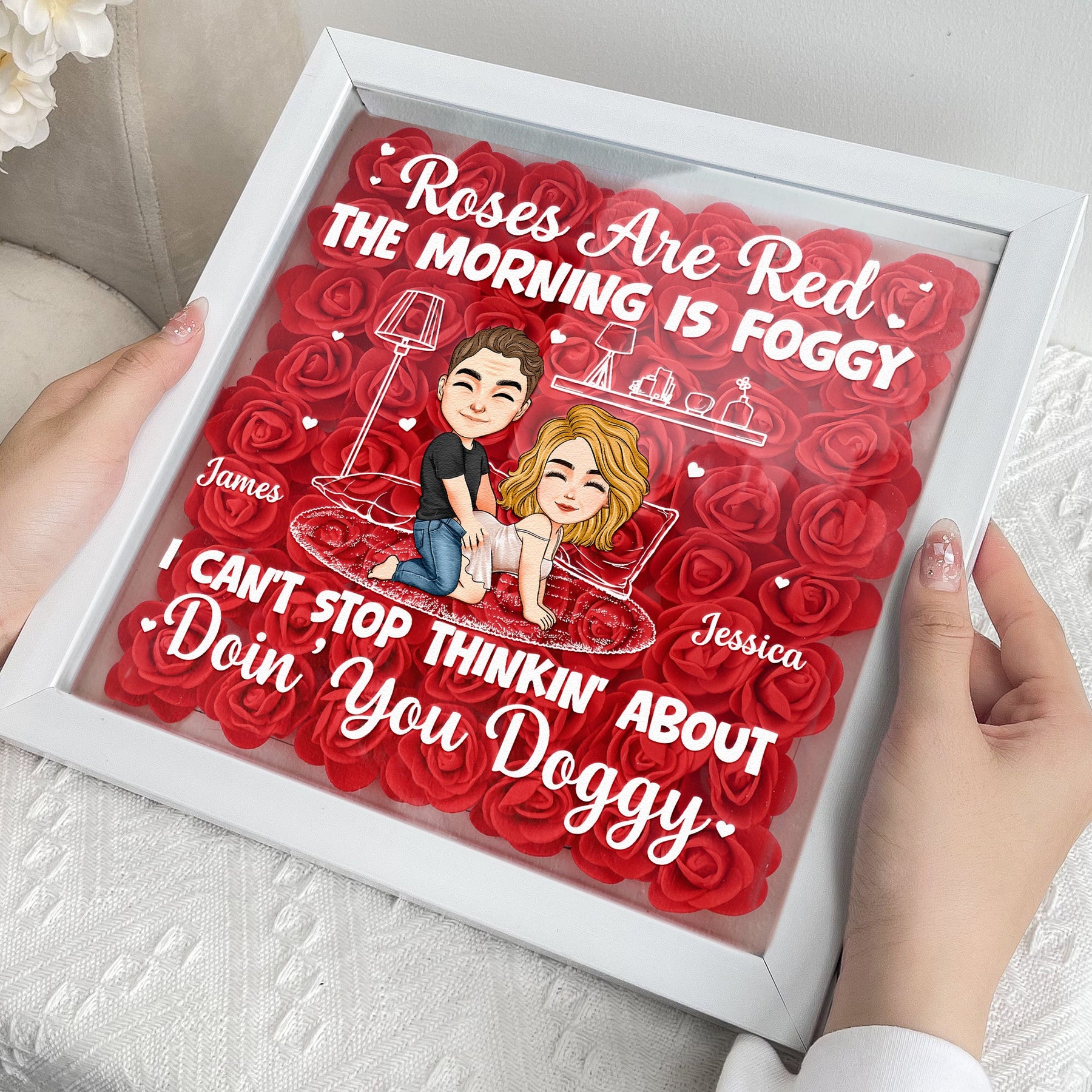 Thinkin' About Doin' You Doggy Valentine's Day Anniversary Gift - Personalized Flower Shadow Box With LED Light