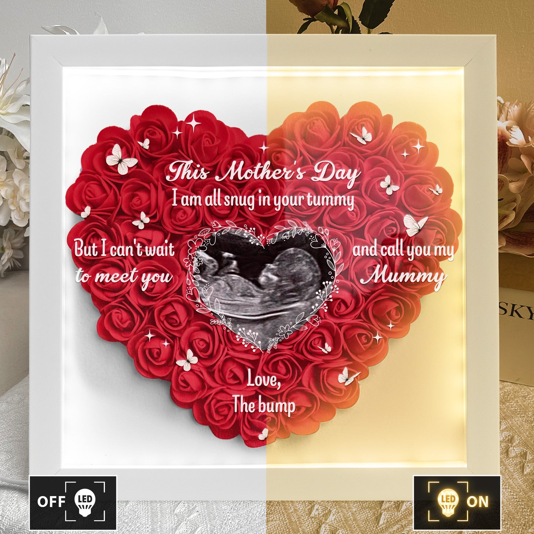 This Mother's Day I Am All Snug In Your Tummy - Personalized Photo Flower Shadow Box With LED Light