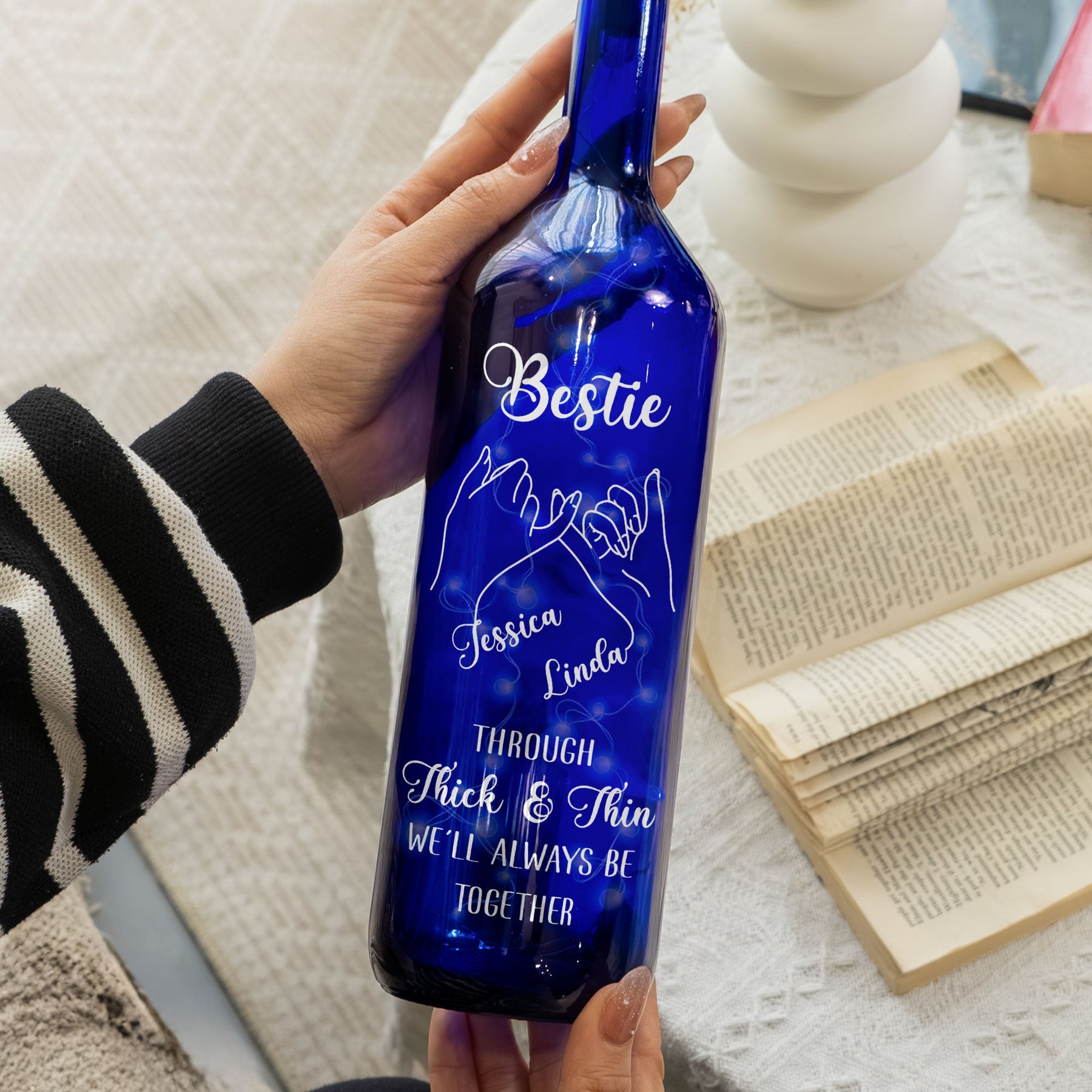 Through Thick And Thin, We'll Always Be Together - Personalized Blue Bottle Lamp