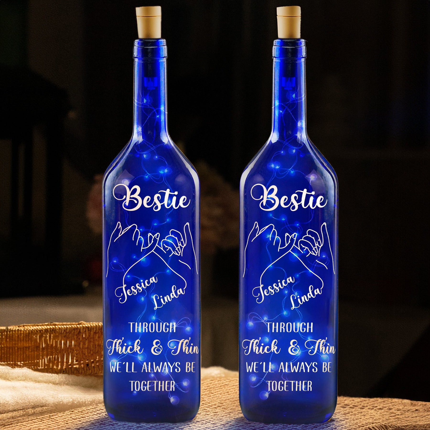 Through Thick And Thin, We'll Always Be Together - Personalized Blue Bottle Lamp