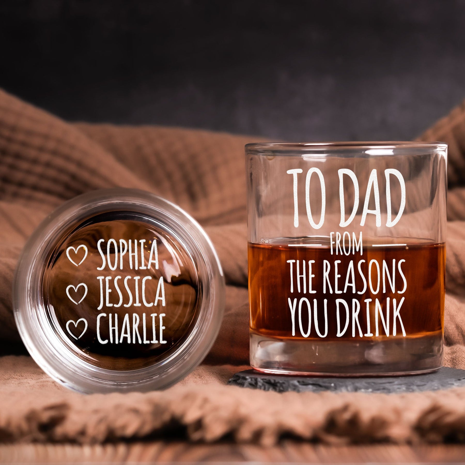 To Dad From The Reasons You Drink - Custom Kids' Names - Personalized Whiskey Glass