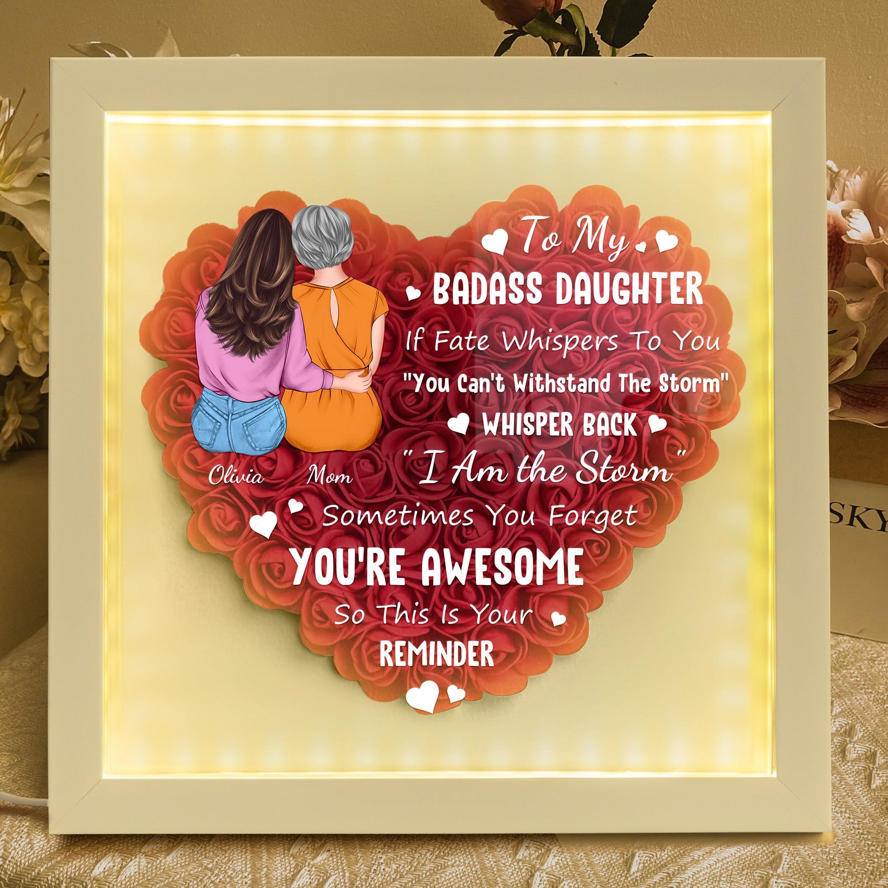 To My Badass Daughter - Personalized Flower Shadow Box With LED Light