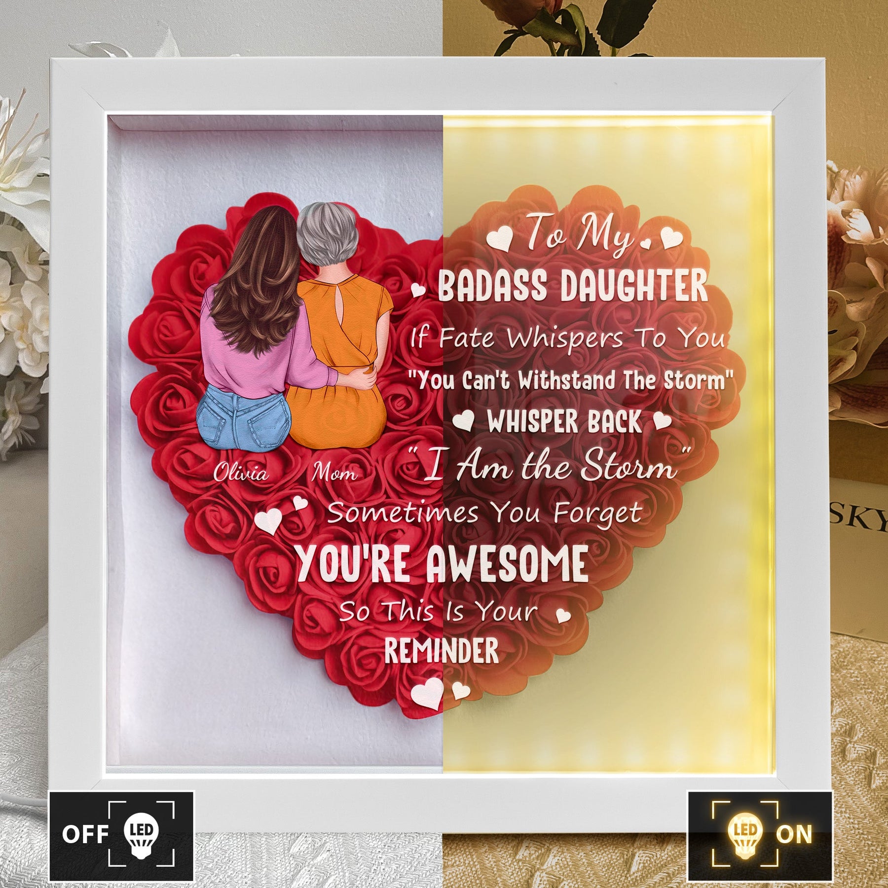 To My Badass Daughter - Personalized Flower Shadow Box With LED Light