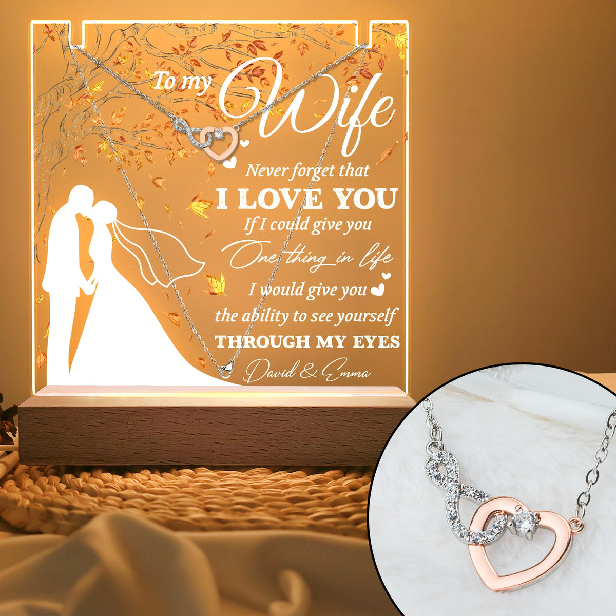 To My Wife Gift - Personalized LED Light Acrylic Plaque With Infinity Necklace