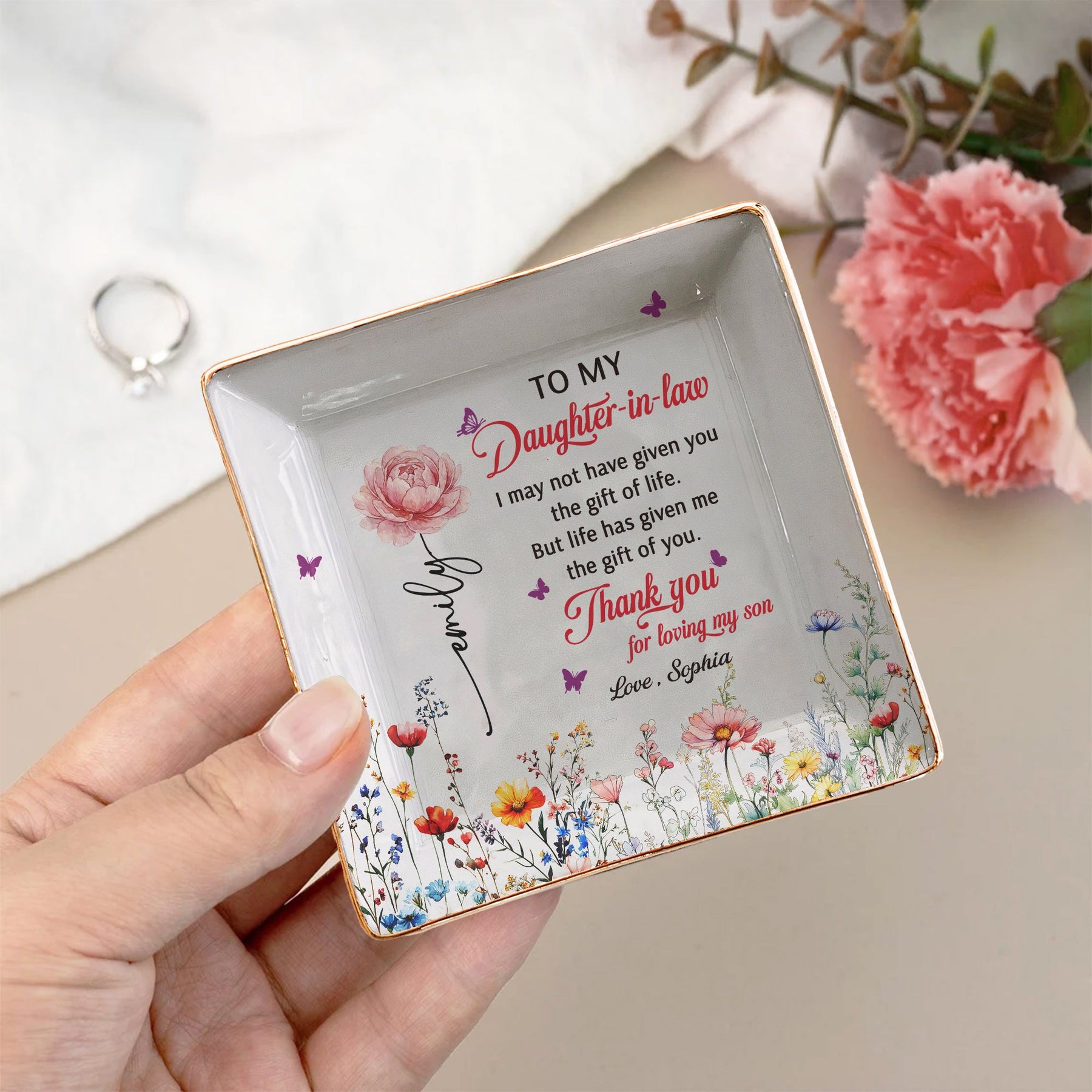 To My Daughter In Law Thank You For Loving My Son - Wedding Gifts From Mother-In-Law - Personalized Jewelry Dish