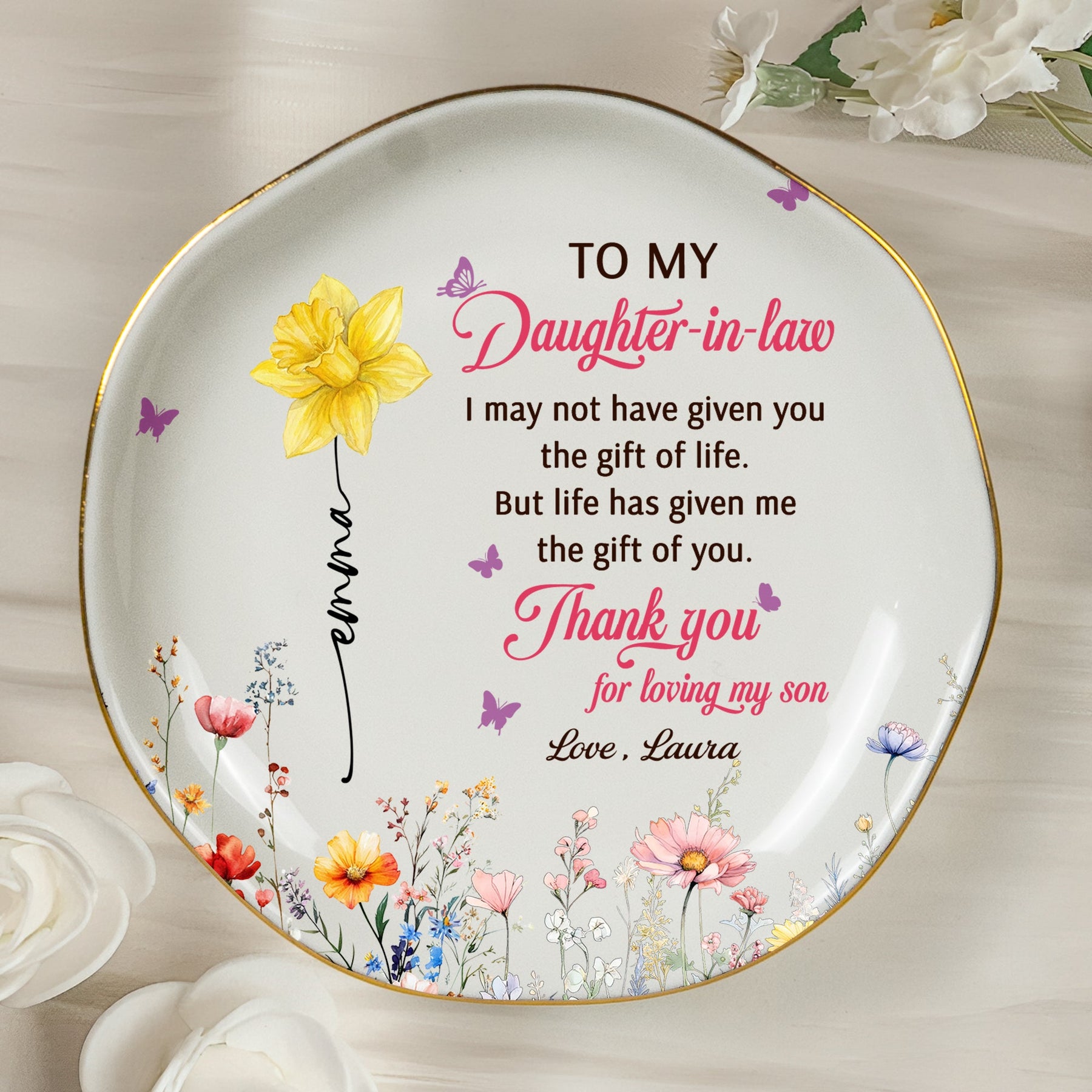To My Daughter In Law Thank You For Loving My Son - Wedding Gifts From Mother-In-Law - Personalized Jewelry Dish