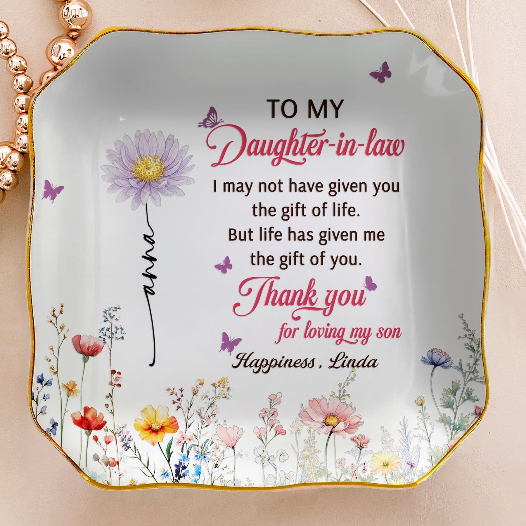 To My Daughter In Law Thank You For Loving My Son - Wedding Gifts From Mother-In-Law - Personalized Jewelry Dish