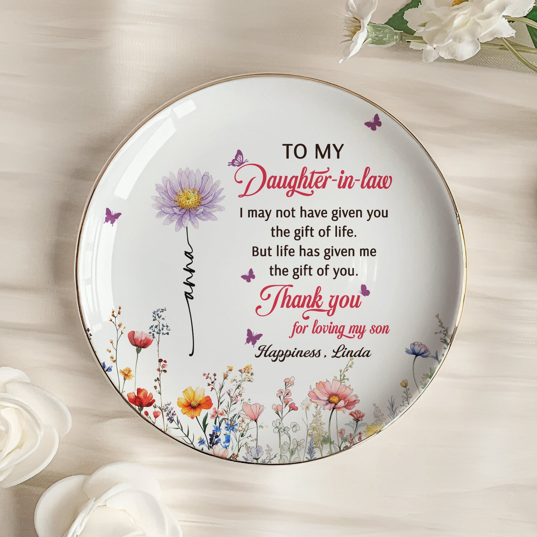 To My Daughter In Law Thank You For Loving My Son - Wedding Gifts From Mother-In-Law - Personalized Jewelry Dish
