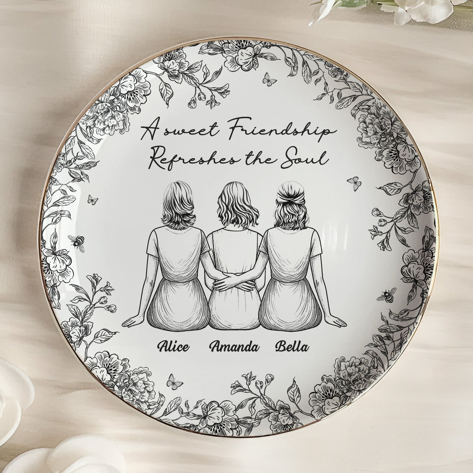 Toile De Jouy Besties - Thank You Gifts For Best Friends - Personalized Jewelry Dish