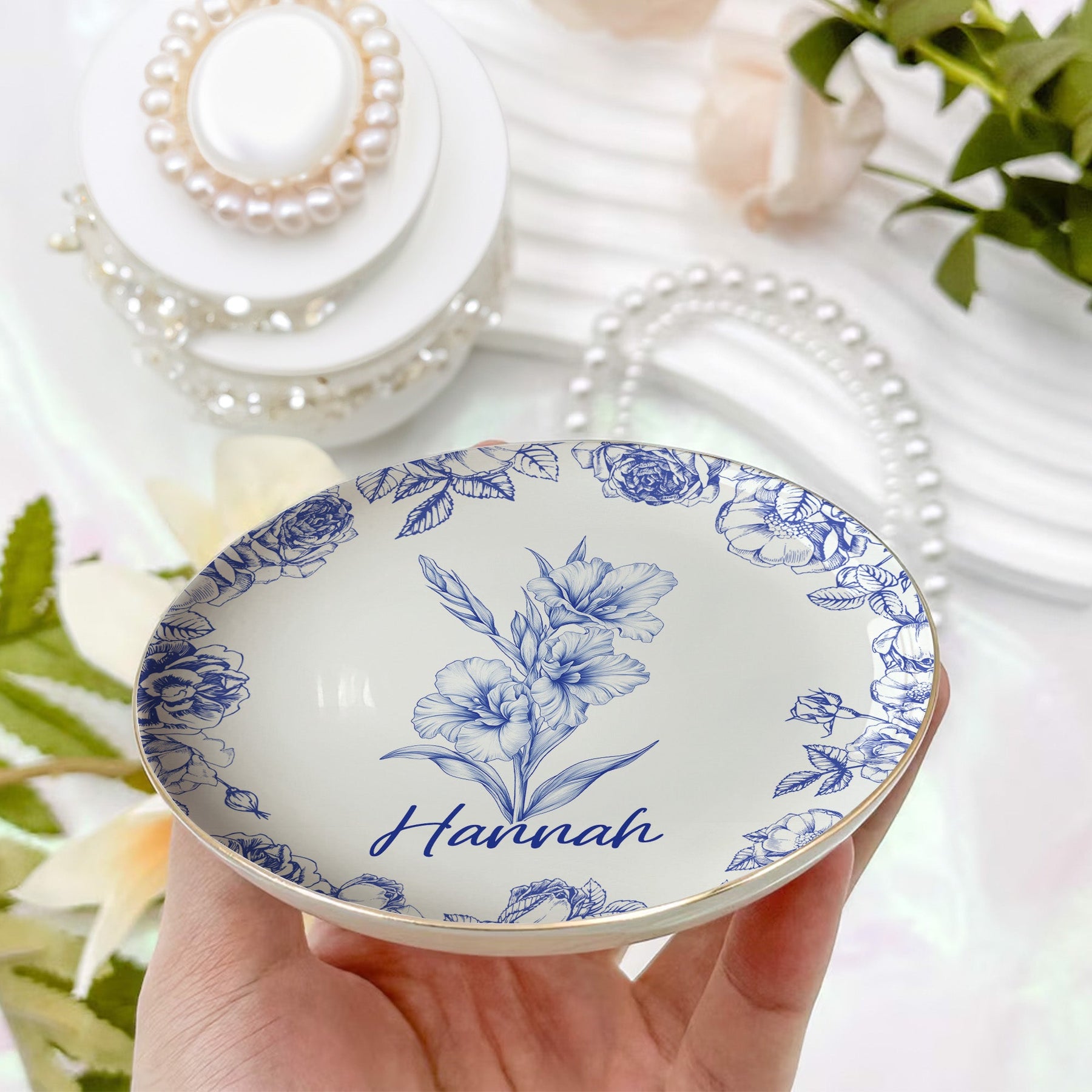 Toile De Jouy Custom Birth Flower - Personalized Jewelry Dish