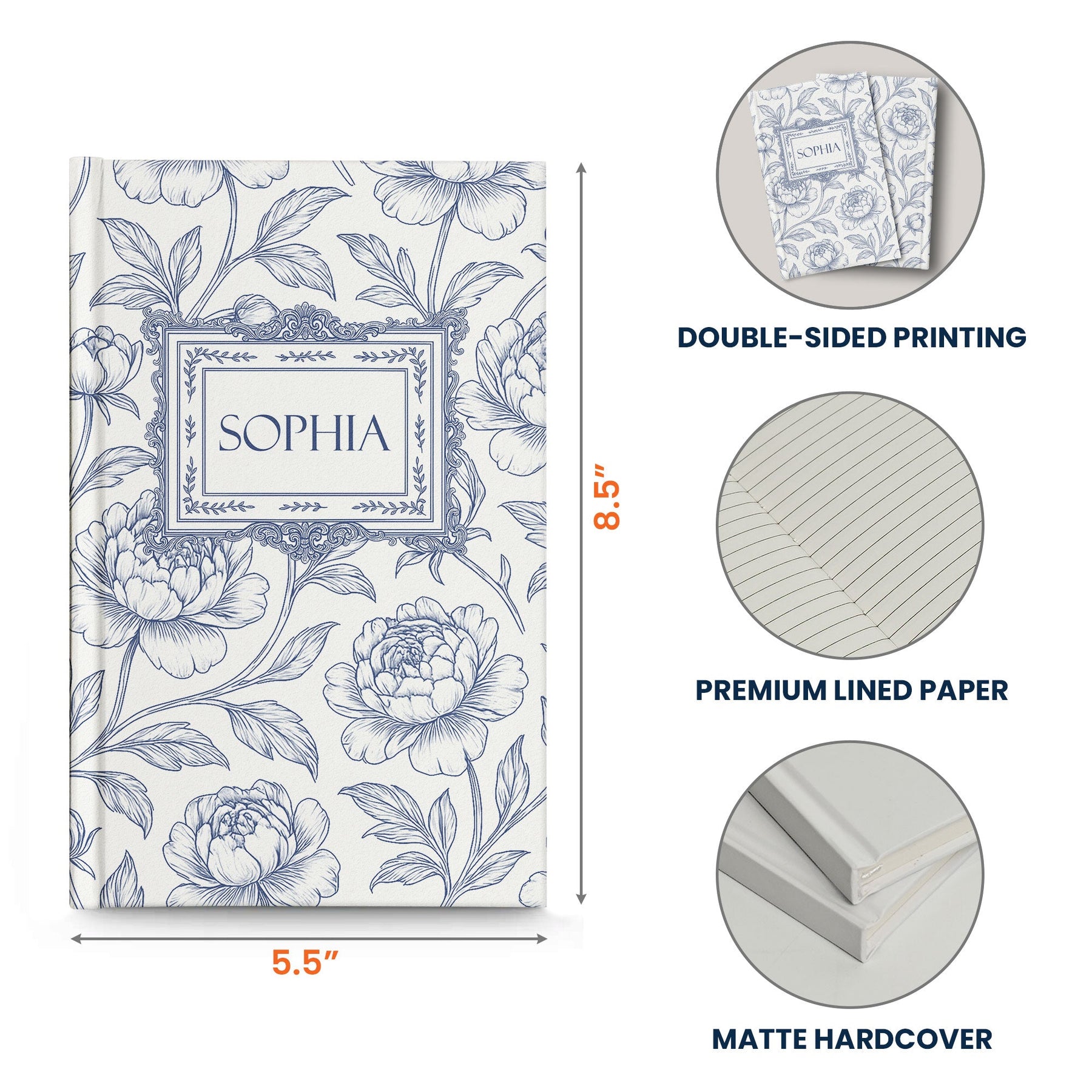 Toile De Jouy Diary Custom Birth Flower Gift For Her, Daughter, Mom, Wife, Sister - Personalized Hardcover Journal
