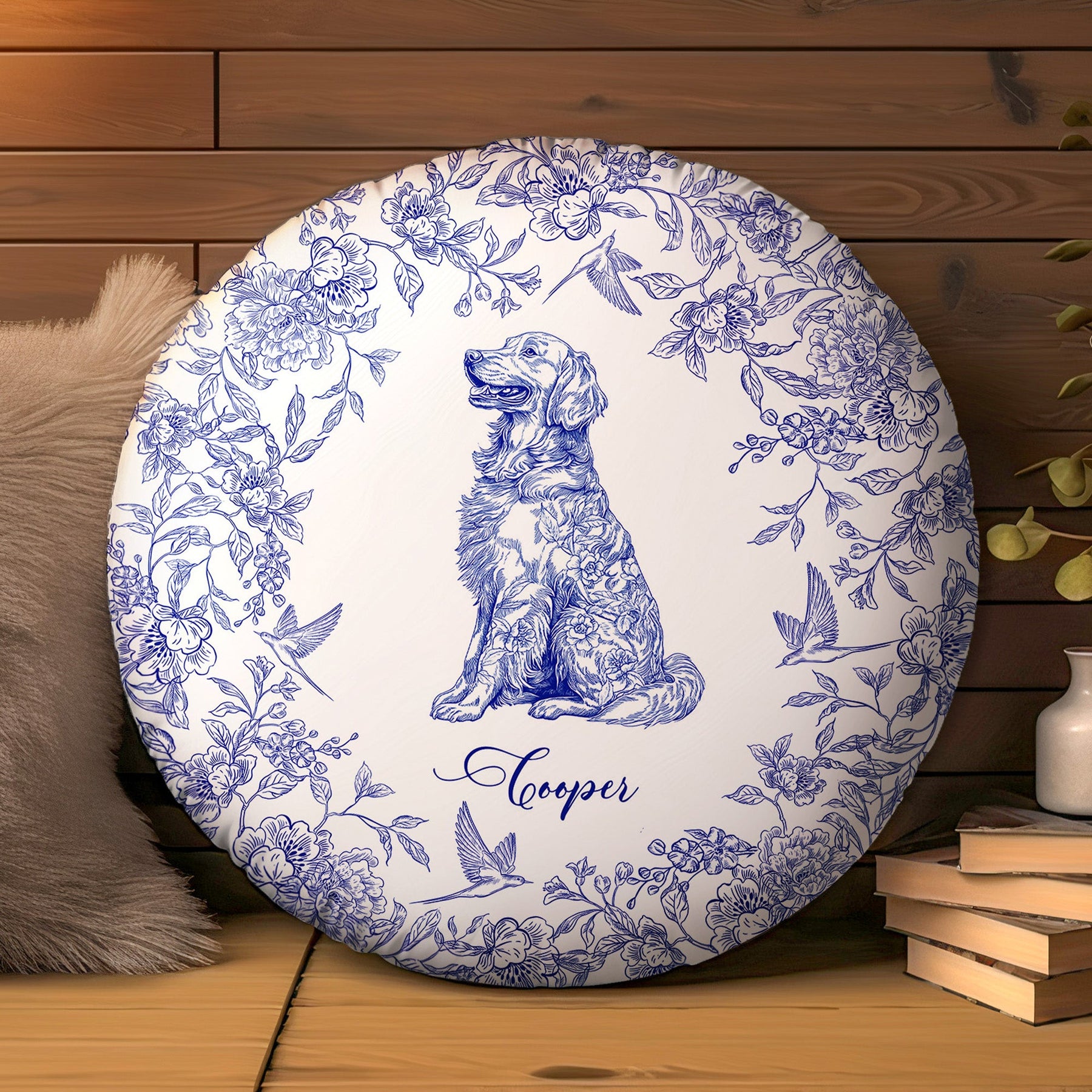 Toile De Jouy Dog Breeds Custom Chinoiserie Style - Personalized Round Pillow