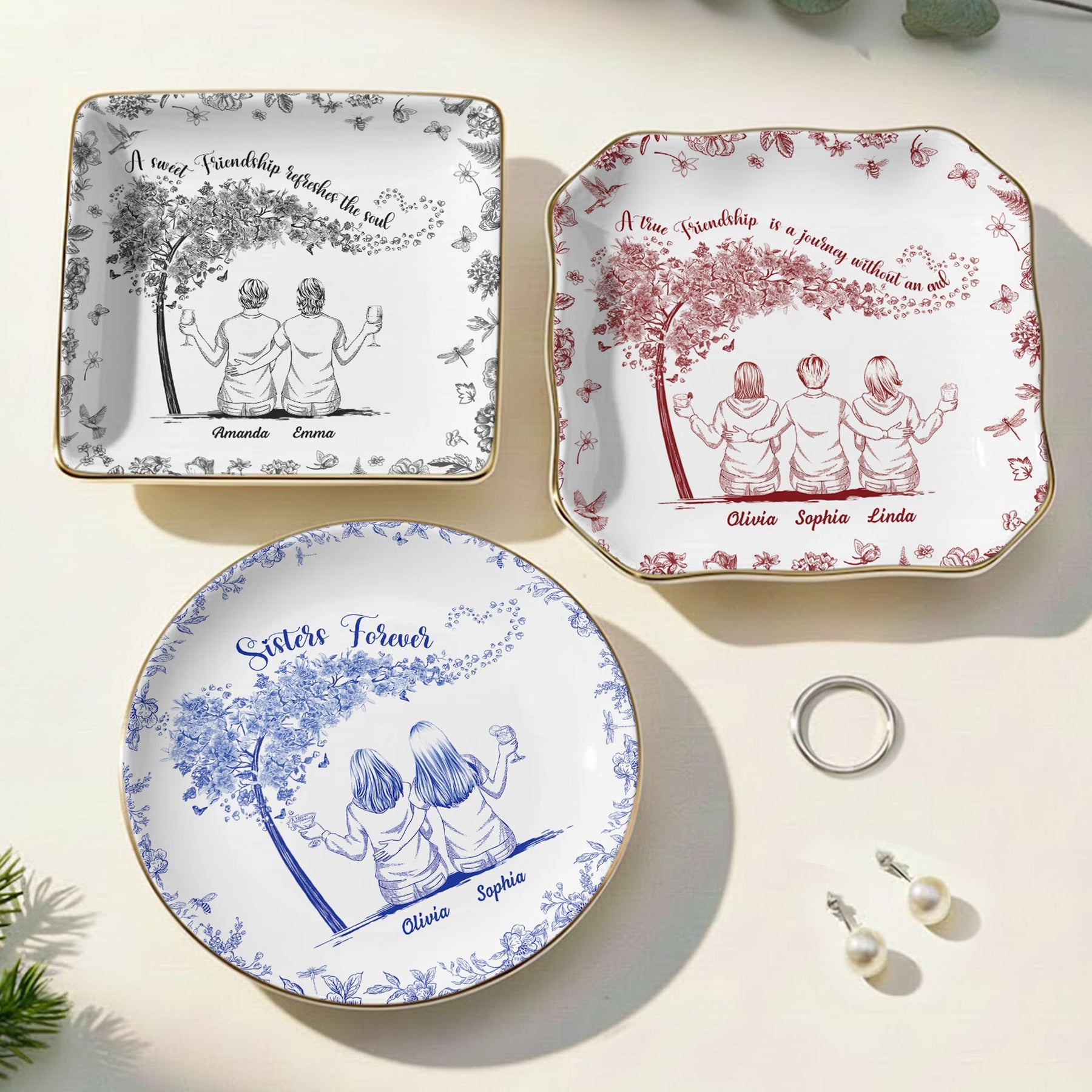 Toile De Jouy Group Of Besties, Sisters, Friends - Thank You Gifts For Her - Personalized Jewelry Dish