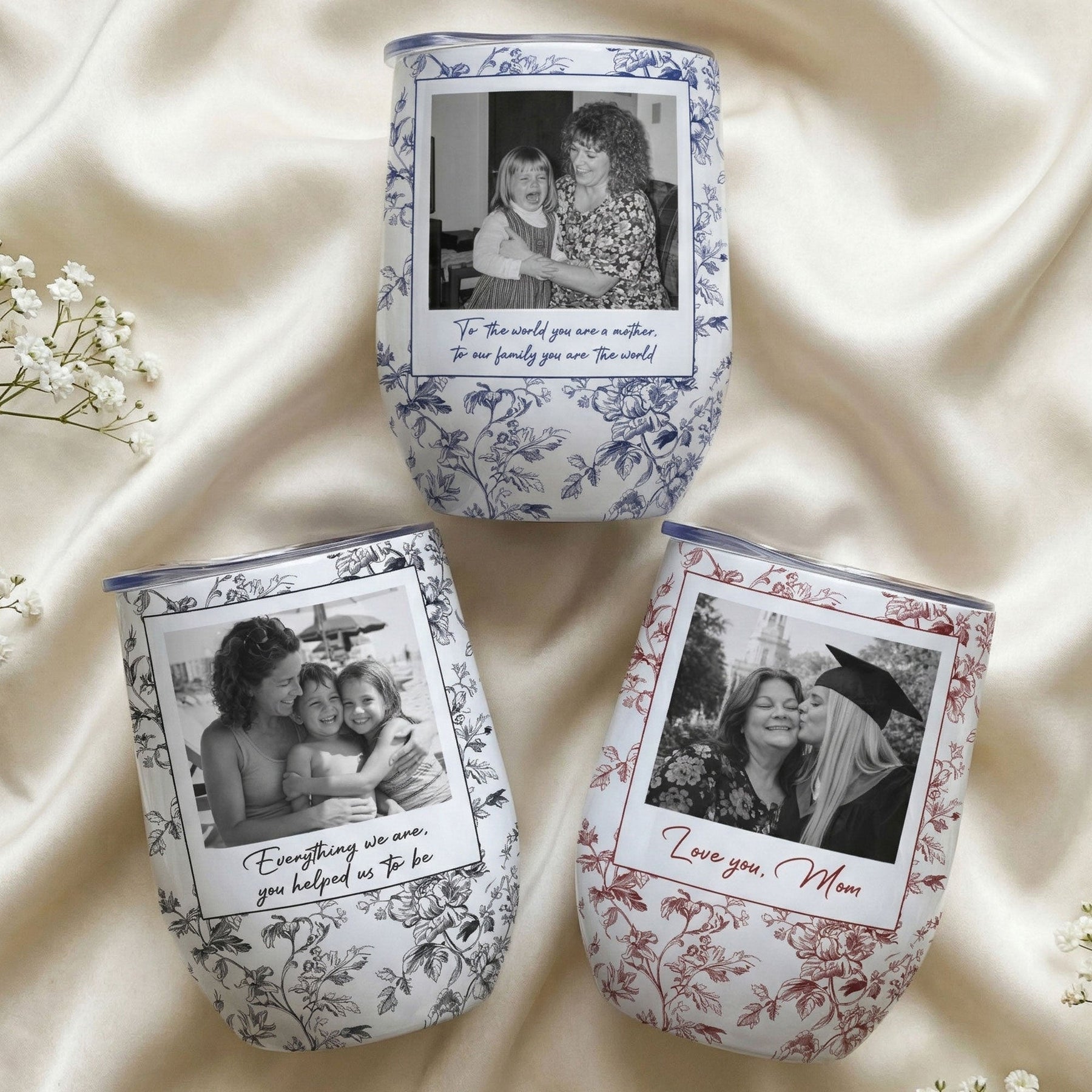 Toile De Jouy Custom Vintage Photo Mom And Children - Thank You Gifts For Mom - Personalized Wine Tumbler