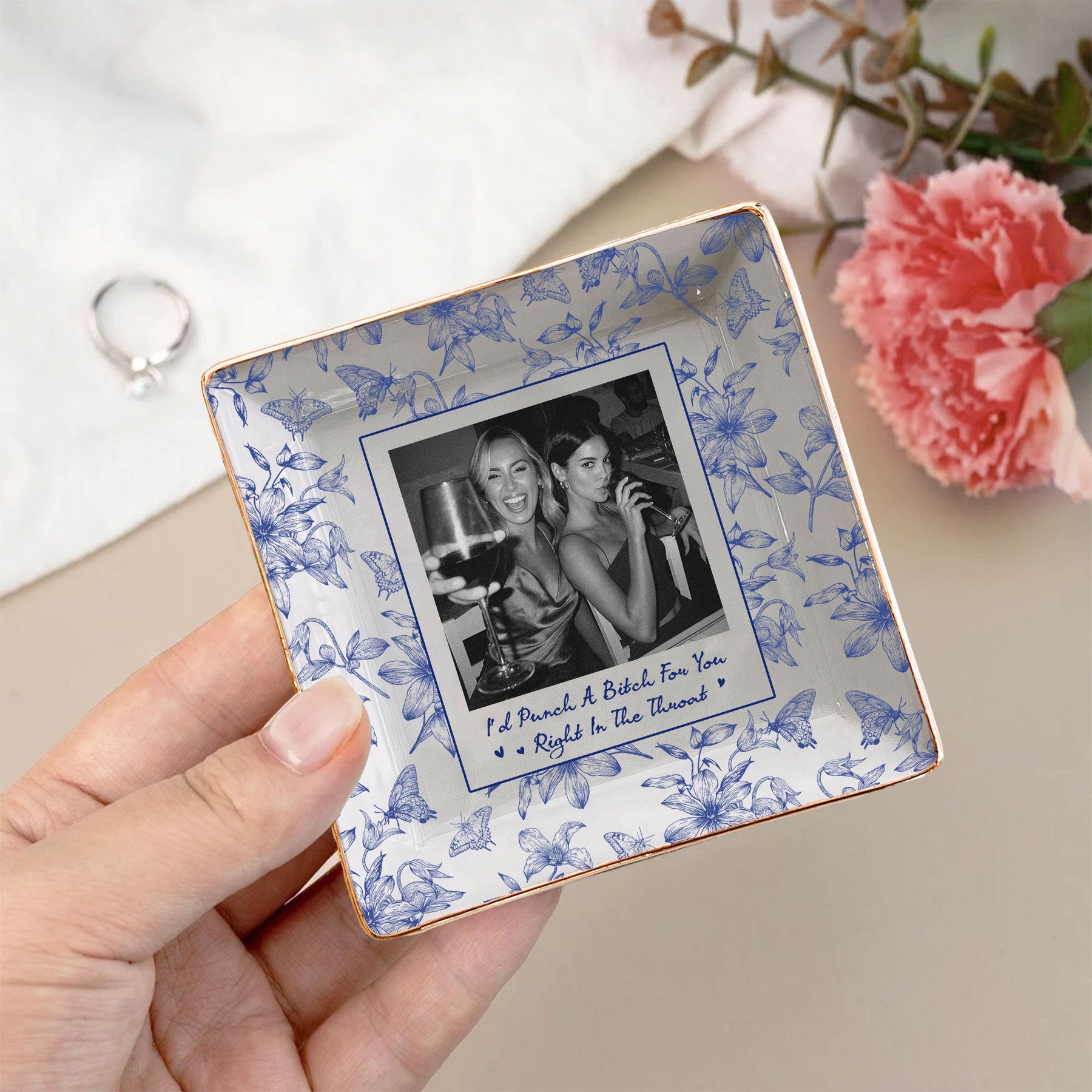 Toile De Jouy Photo Trinket Tray For Best Friend Friendship Thank You Gifts - Personalized Jewelry Dish